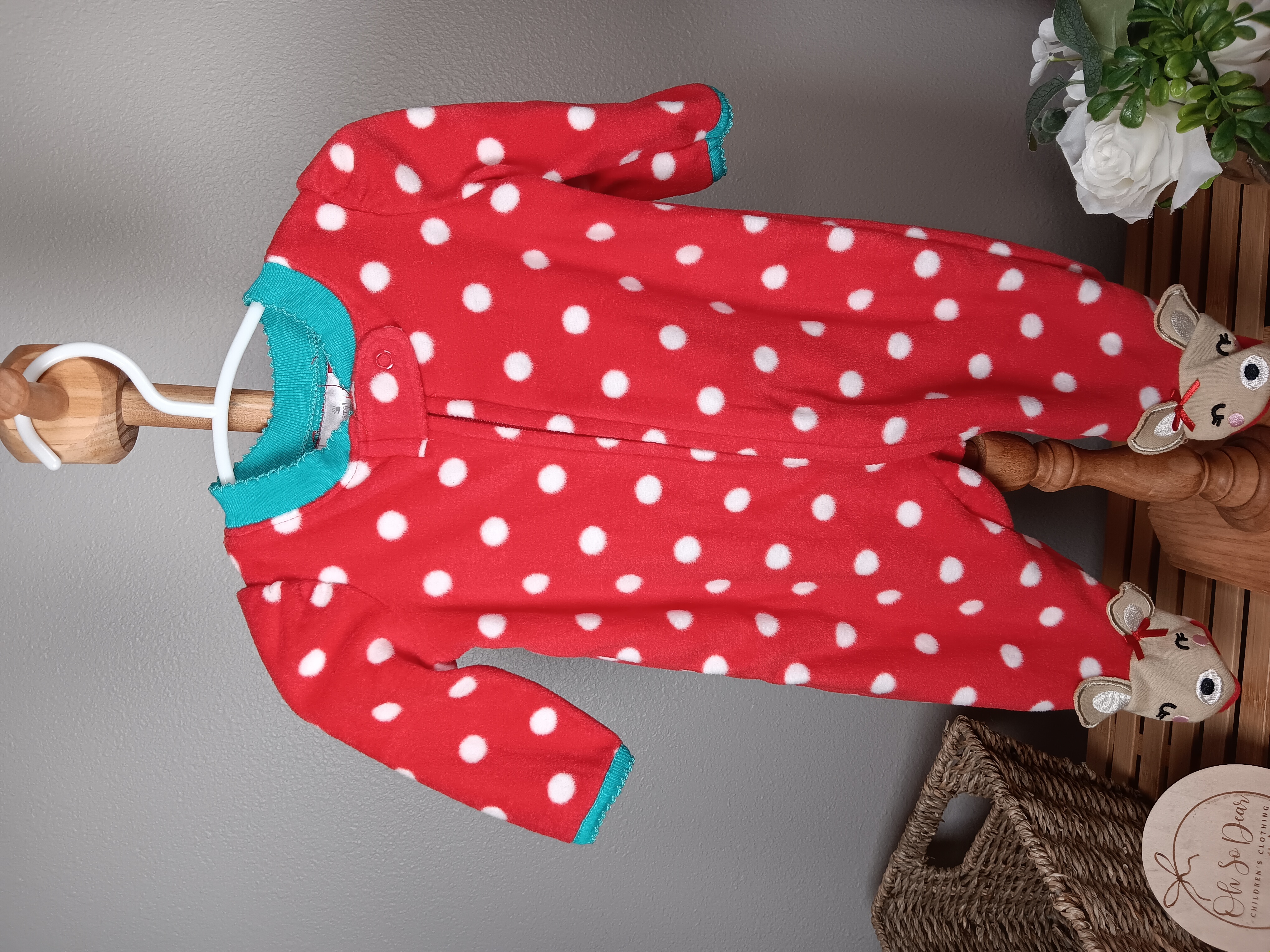 Red polka dot baby onesie Cozy footed sleeper with cute deer details size newborn by Small Wonders NWT
