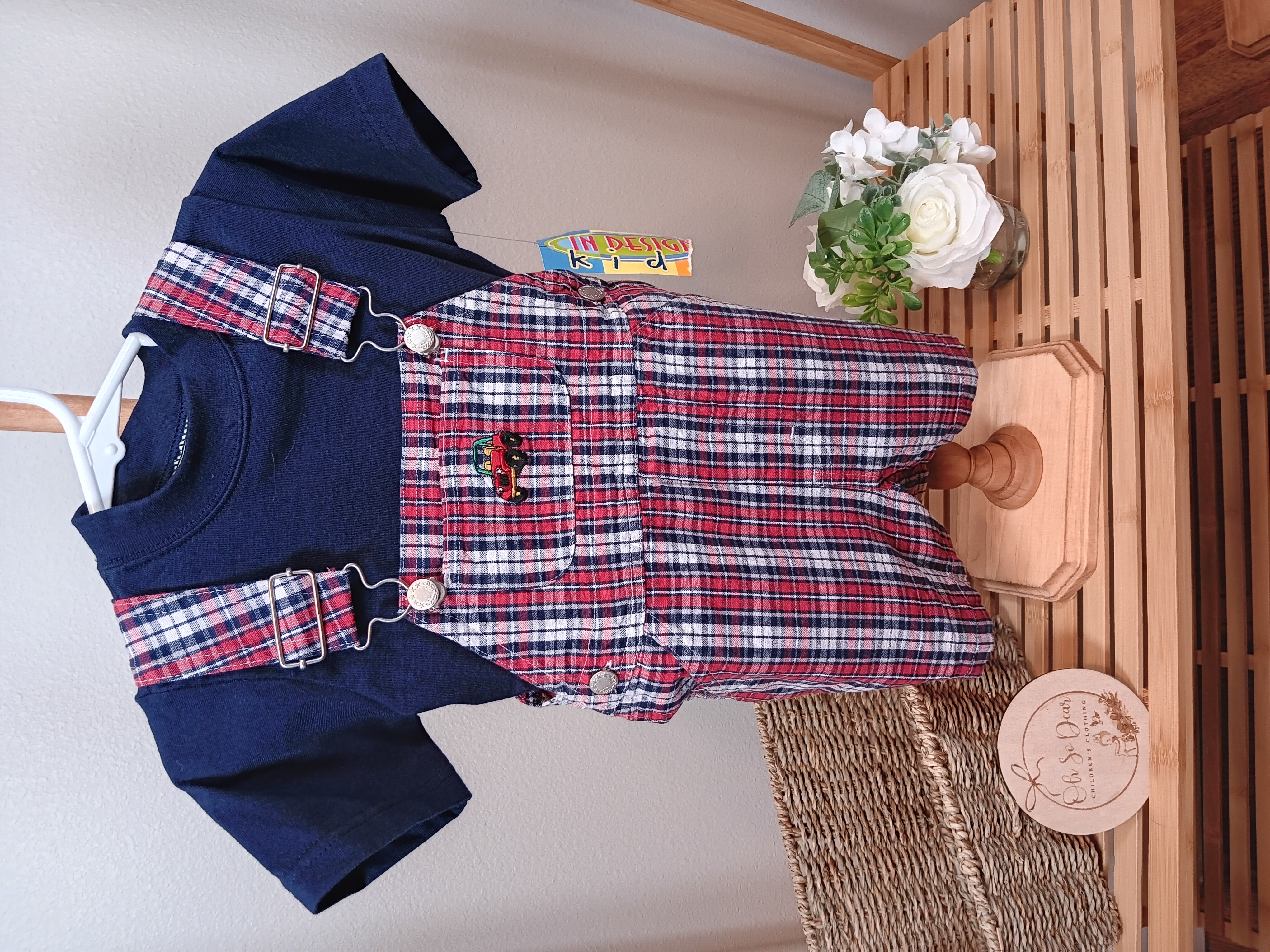 Darling 2 piece In Design Kid brand plaid short all with shirt Jeep embroidered on chest size 18 months 