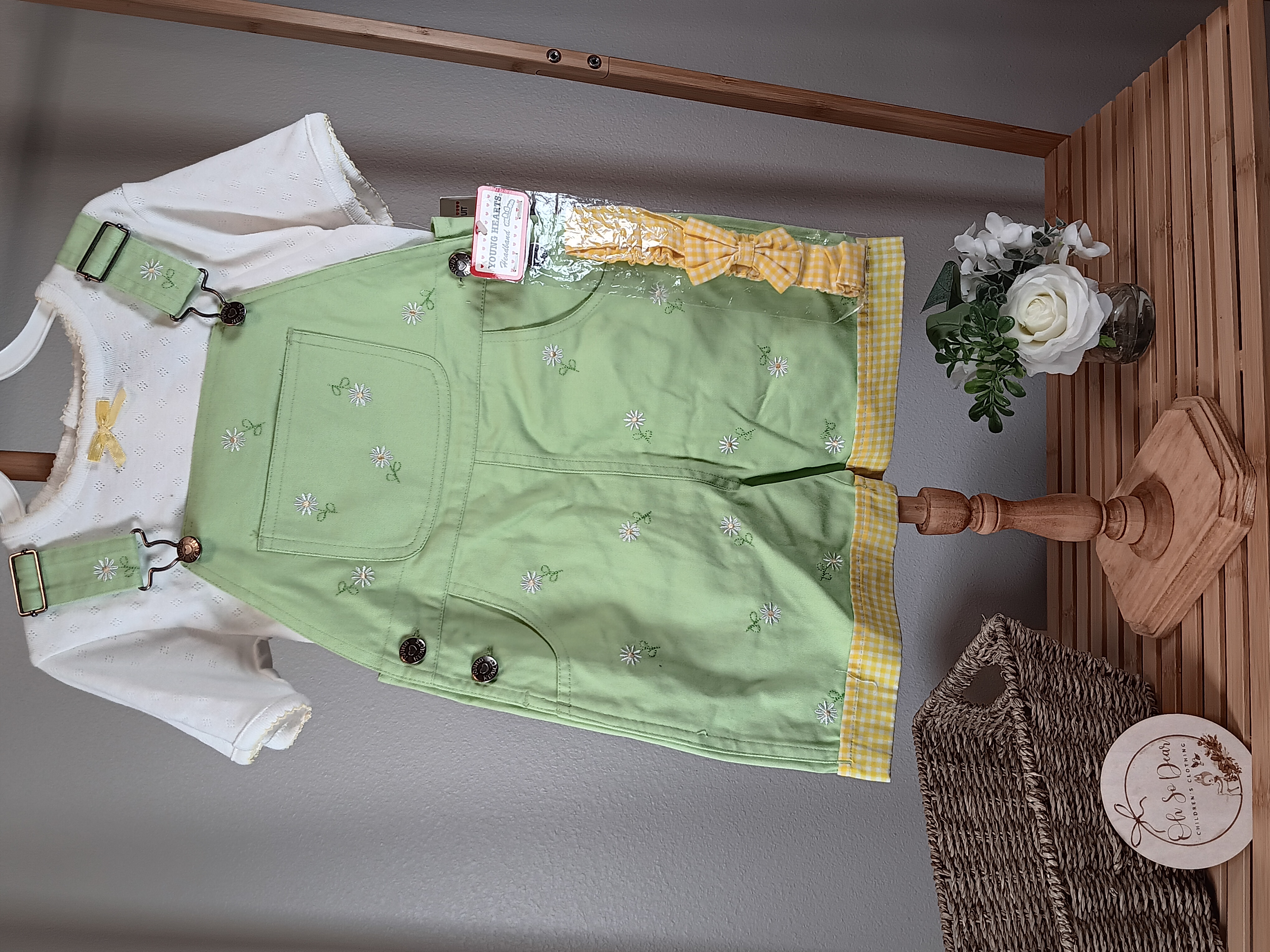 Green Embroidered Overall Dress Set "Flawed" little spot on shirt size 4 NWT by Young Hearts has Headband also