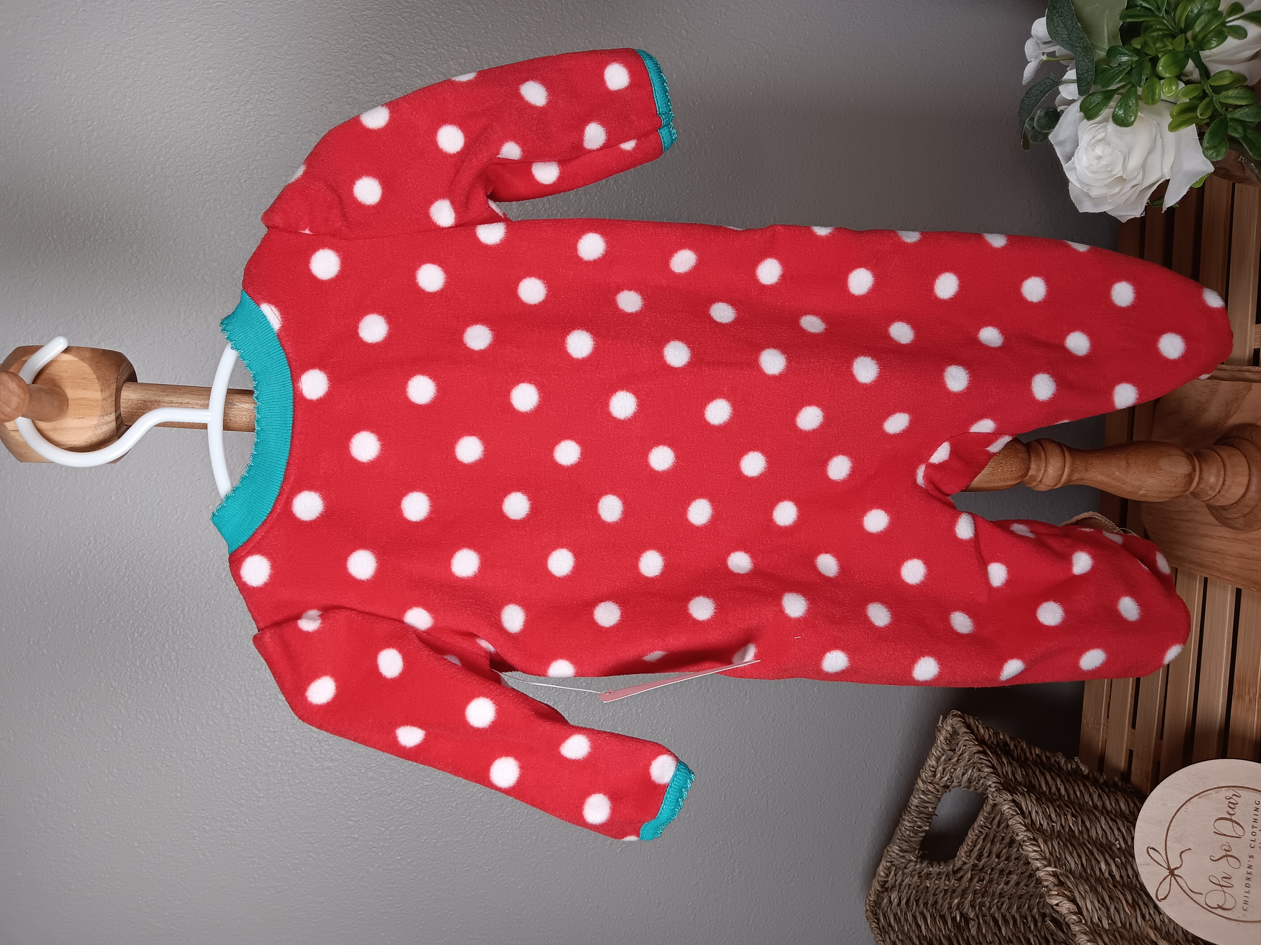 Red polka dot baby onesie Cozy footed sleeper with cute deer details size newborn by Small Wonders NWT