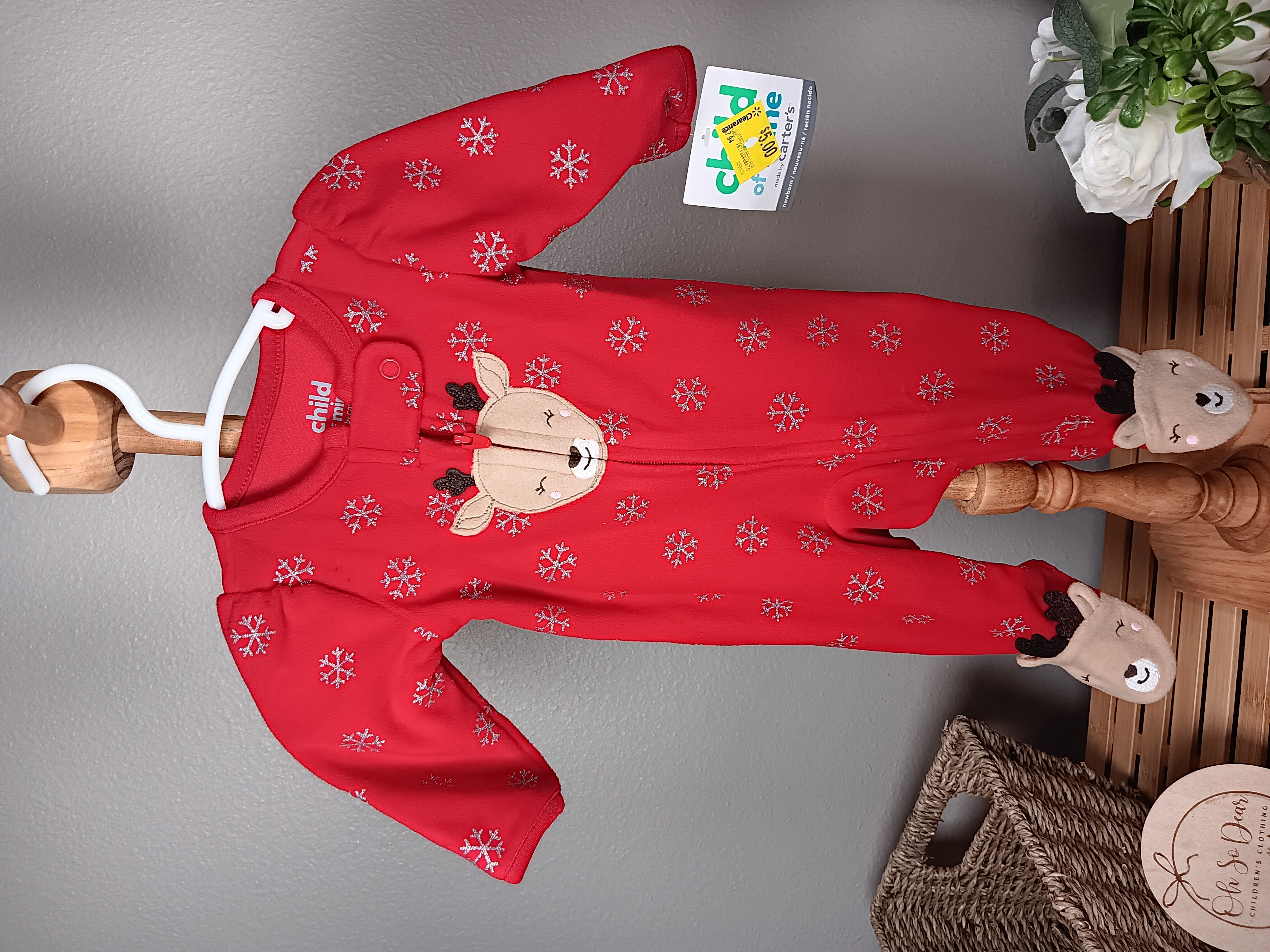 Red Baby Onesie with Reindeer Design Festive infant Fleece sleepwear perfect for holidays size Newborn NWT