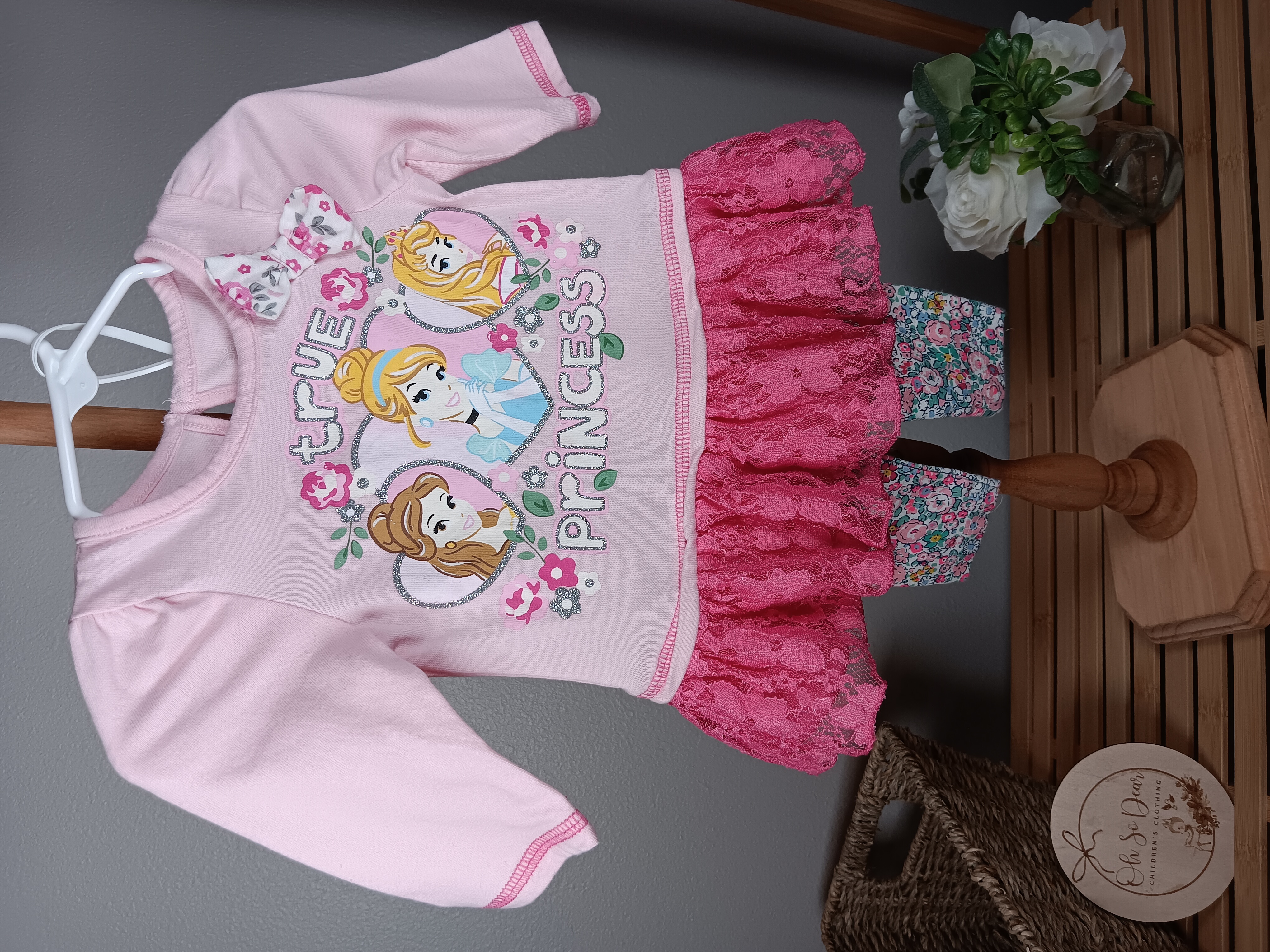 Disney Princess Pink shirt Set Adorable pink shirt and Joules pants size 3 to 6 months VGUC featuring Disney princesses