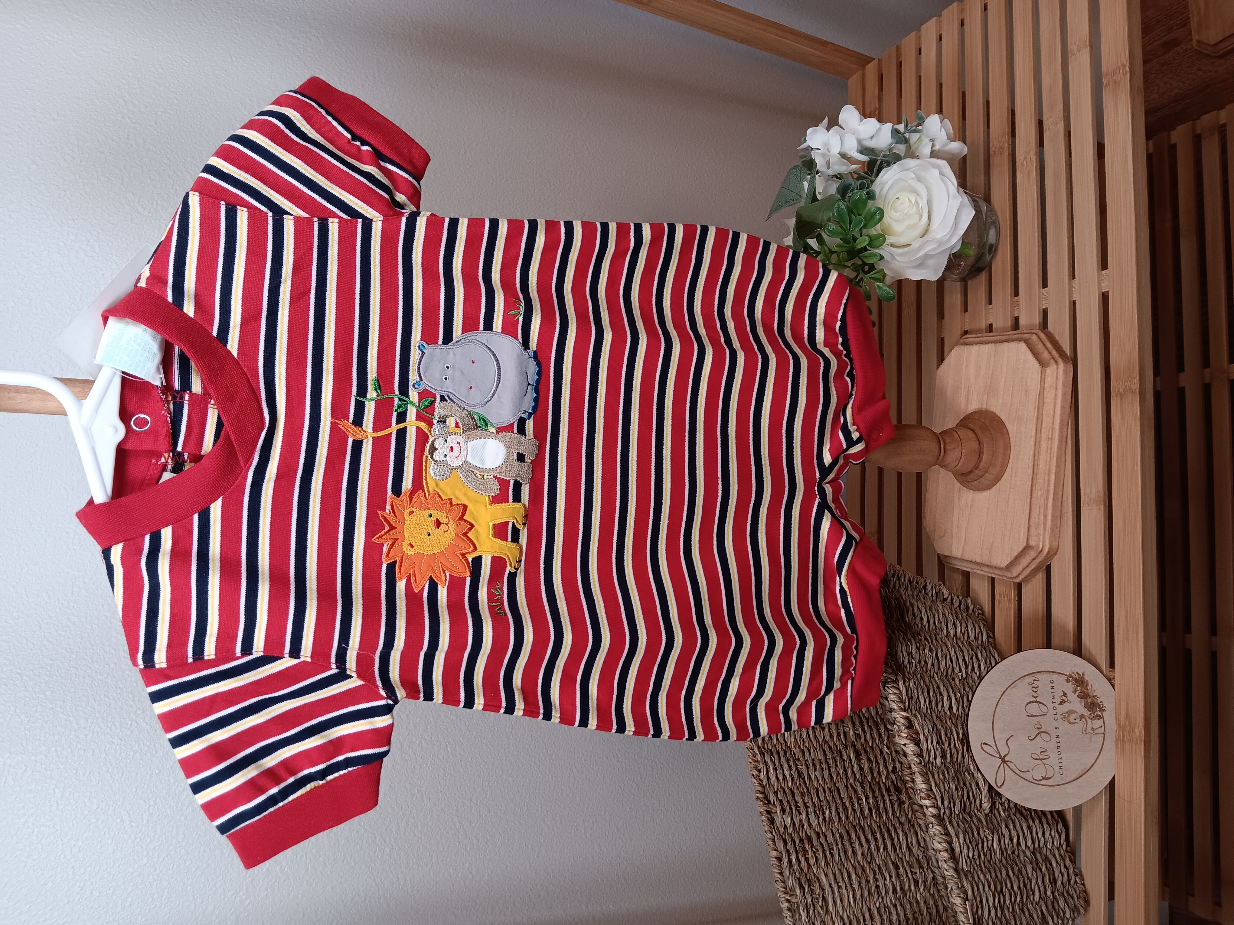 Striped Baby Romper with animals on chest size 6 to 9 months by CC Baby