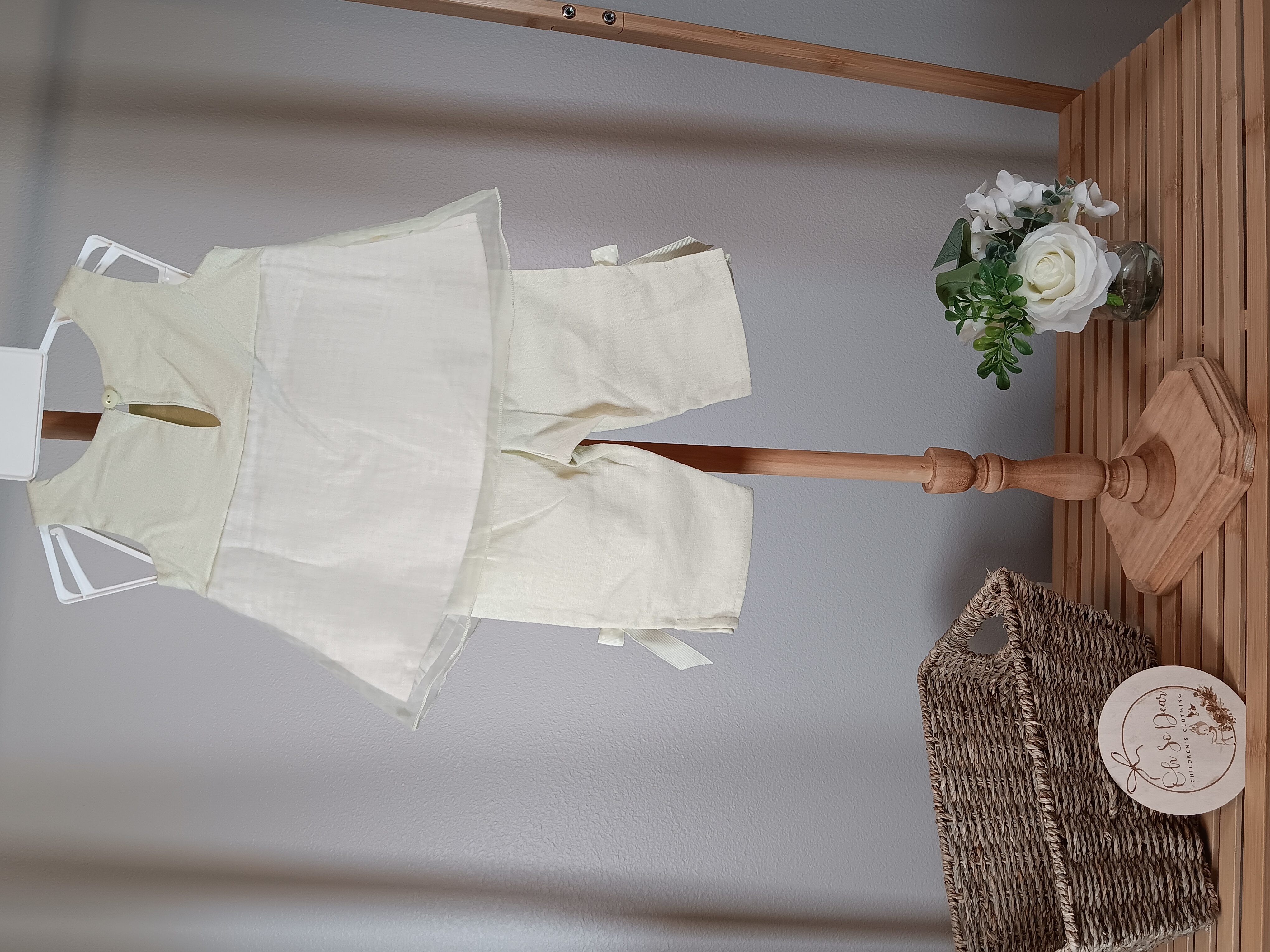 Sweet 2 piece outfit for the 3 to 6 months size baby girl mint green with pink ribbon rosettes.