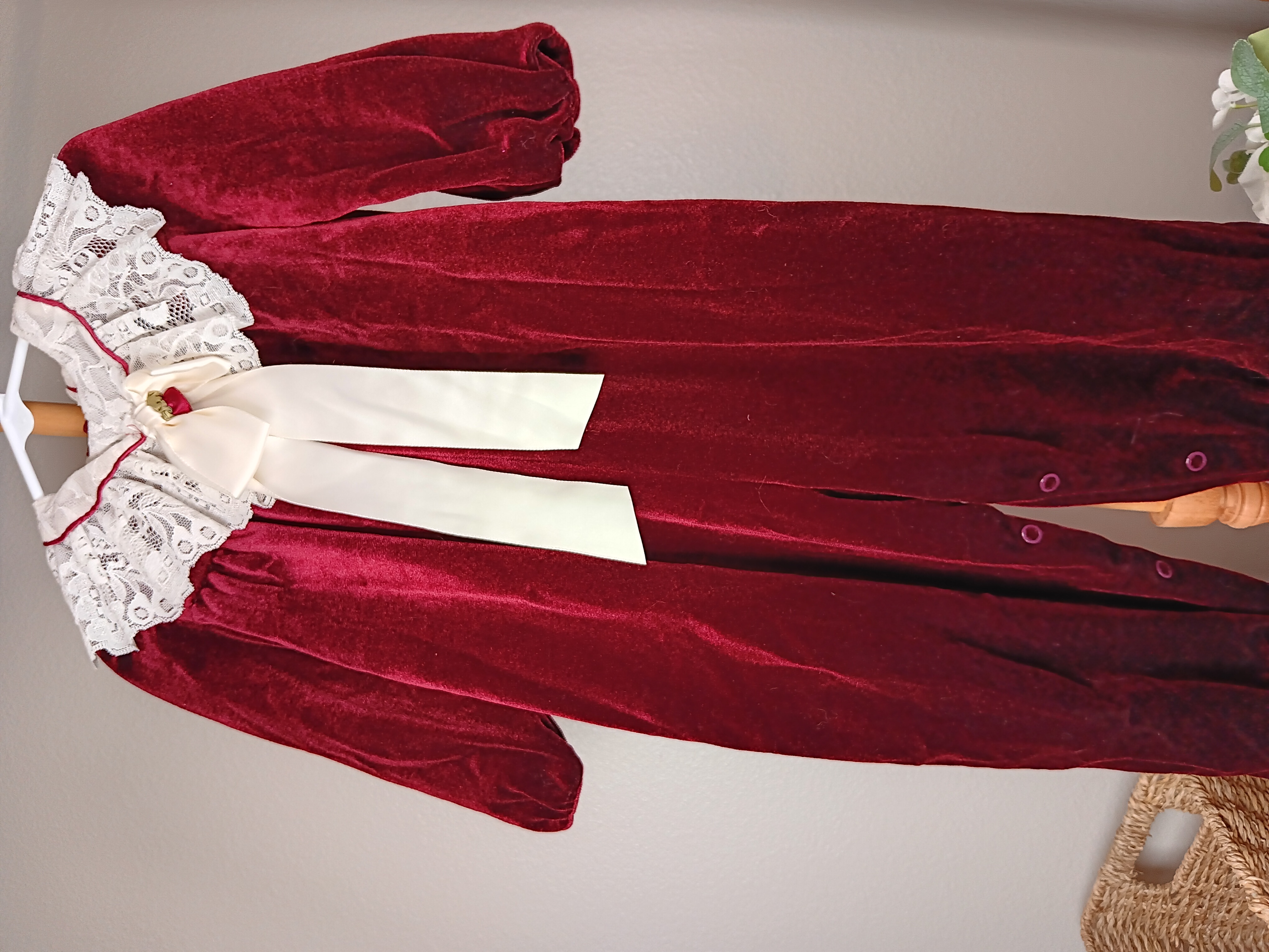 Vintage Burgundy Red Velvet Romper Elegant long-sleeve children's Romper with lace details Vintage paper tag 3T by Rare Editions