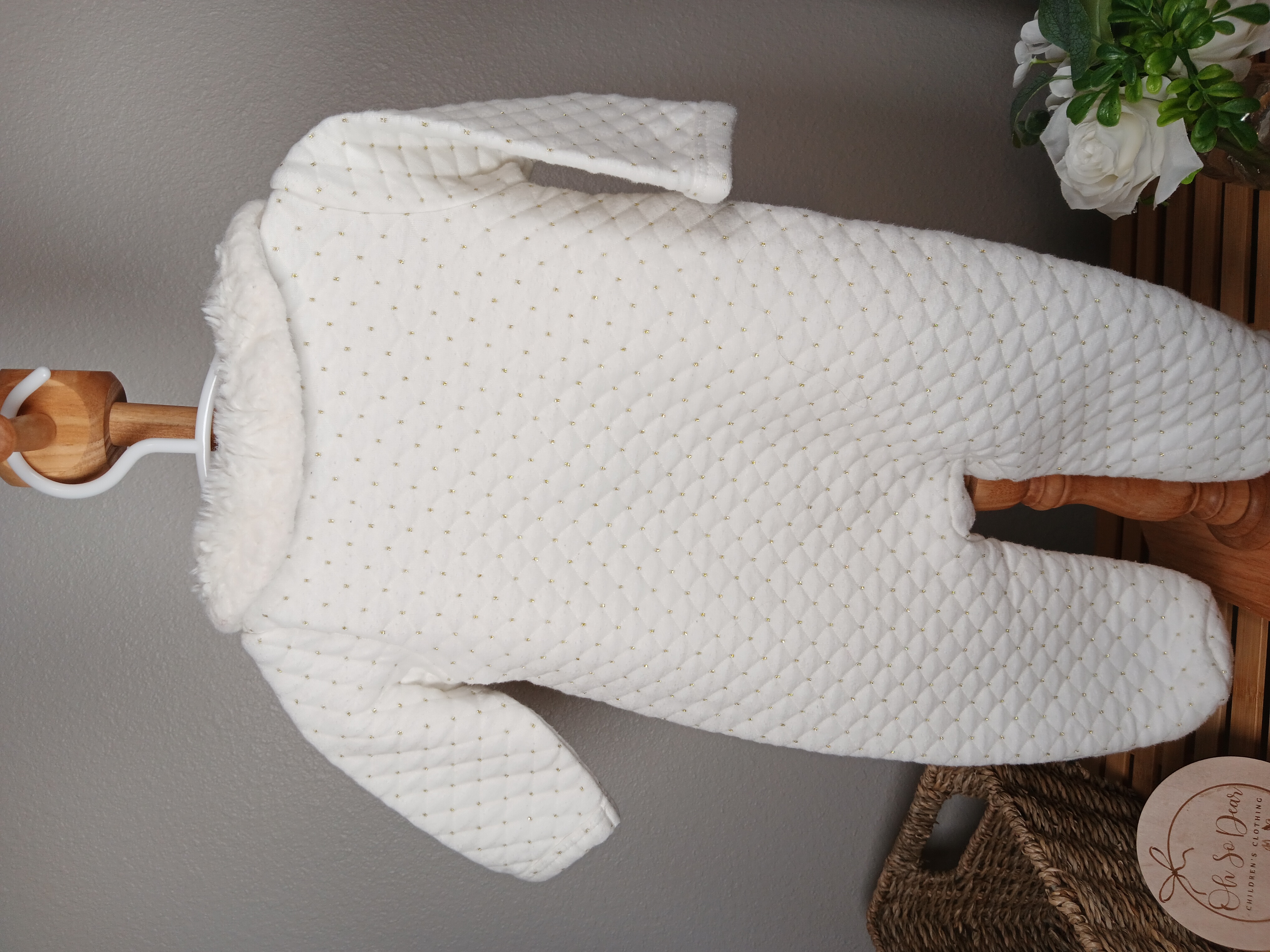 Ivory Quilted Baby Onesie by Nicole Miller size 3/6 months Cozy and elegant sleepwear or Party outfit for infants