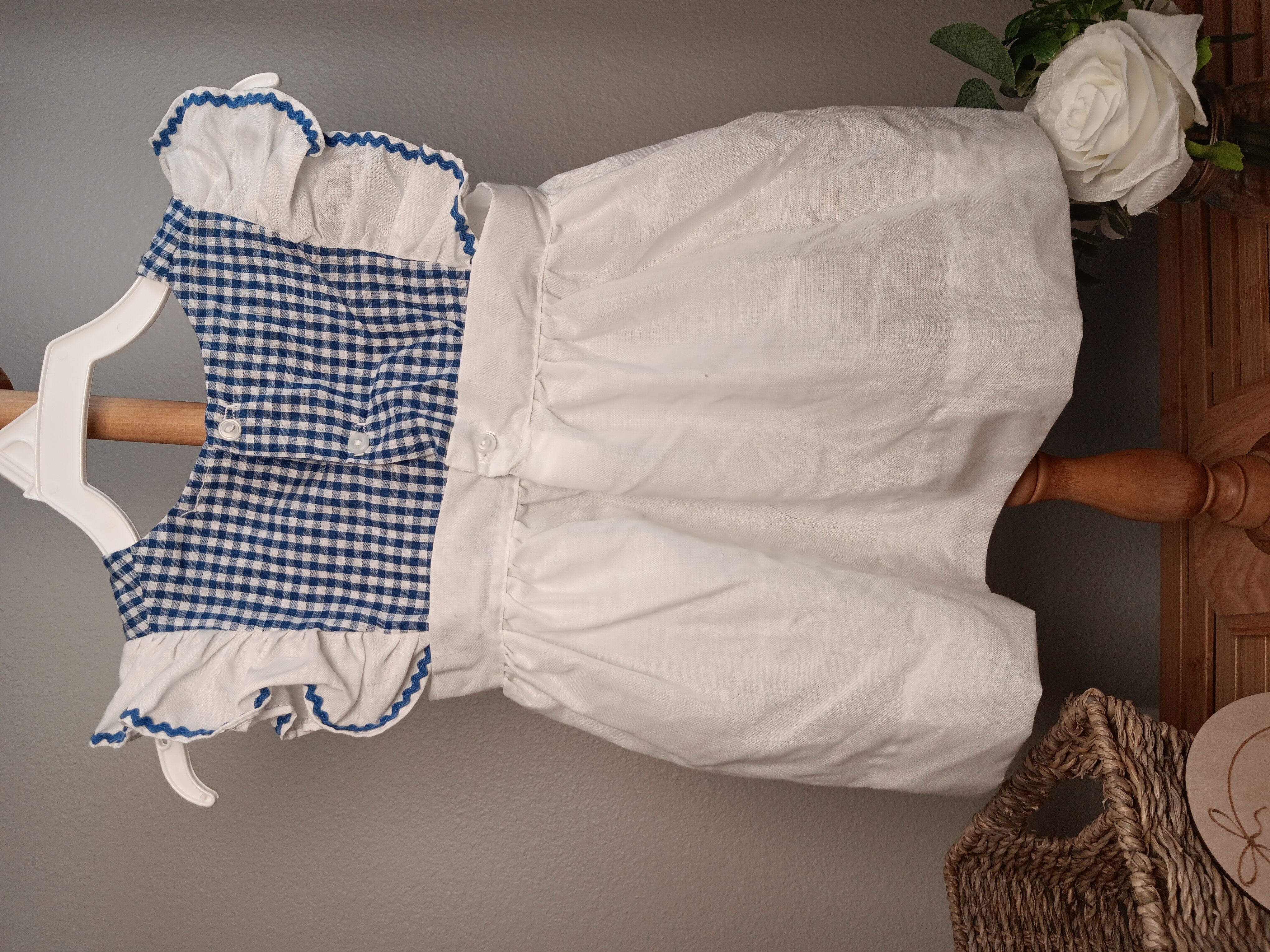 Vintage Girl’s Pinafore for a Dress, White pinafore with blue checkered bodice and cat embroidery probably 12 to 24 months