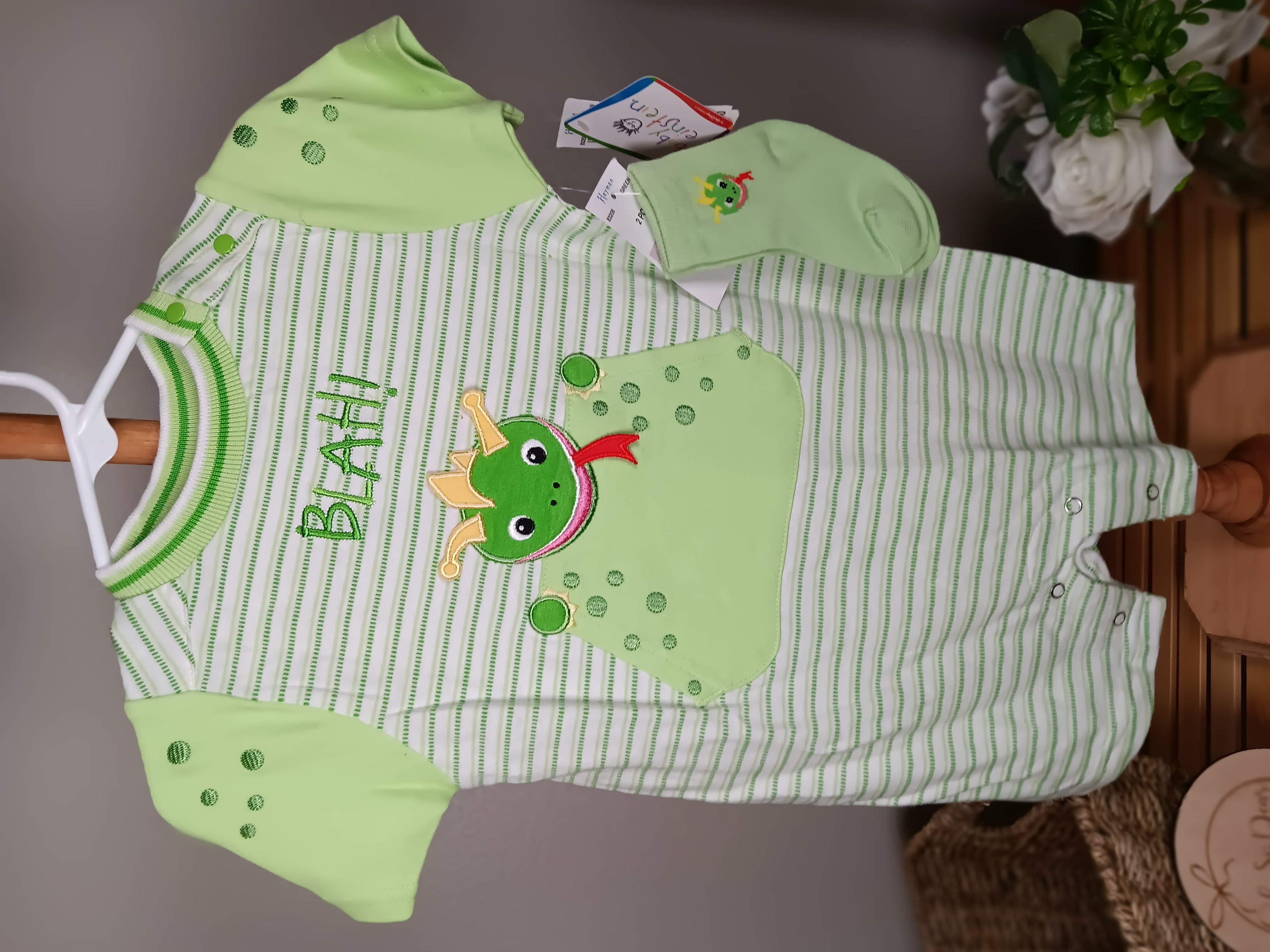 Baby romper from Baby Einstein set with Dino design with matching little socks size 9 months NWT