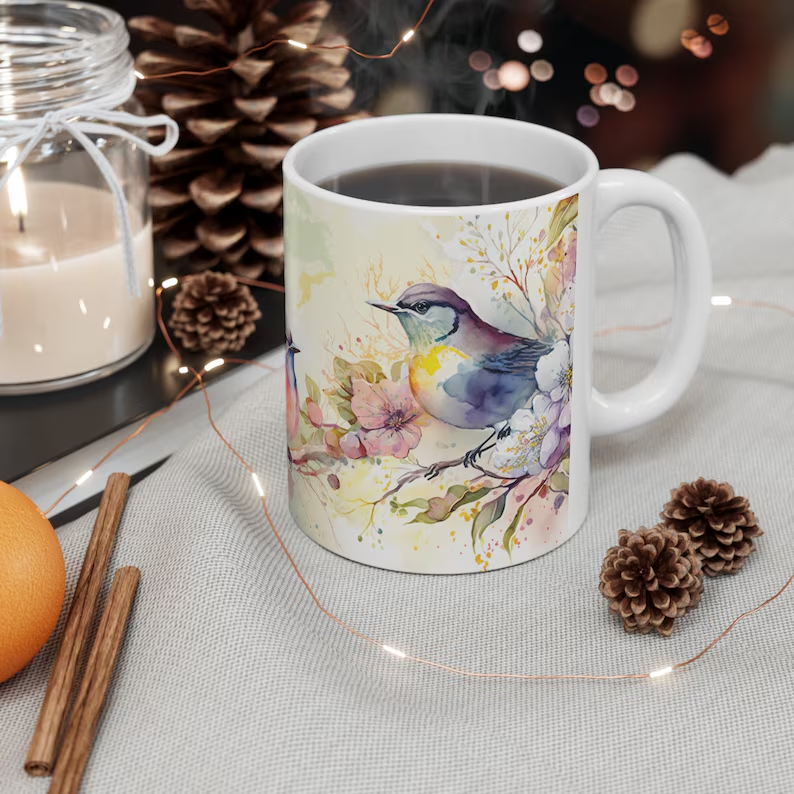 Bird Mug, Bird Coffee Mug, Flower Mug, Bird Lover Gift, Bird Watching Gift, Bird Nerd, Birds Mug
