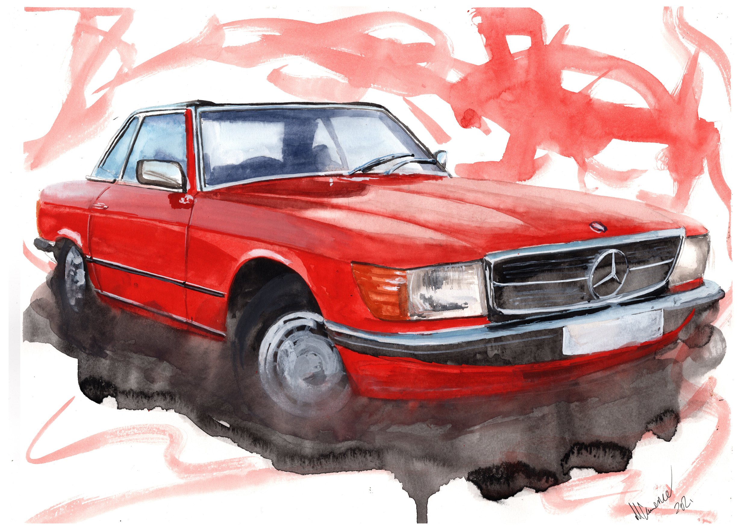 Mercedes SL Print. Mercedes SL Poster. Gifts For Him. Hand Painted Art. birthday gift