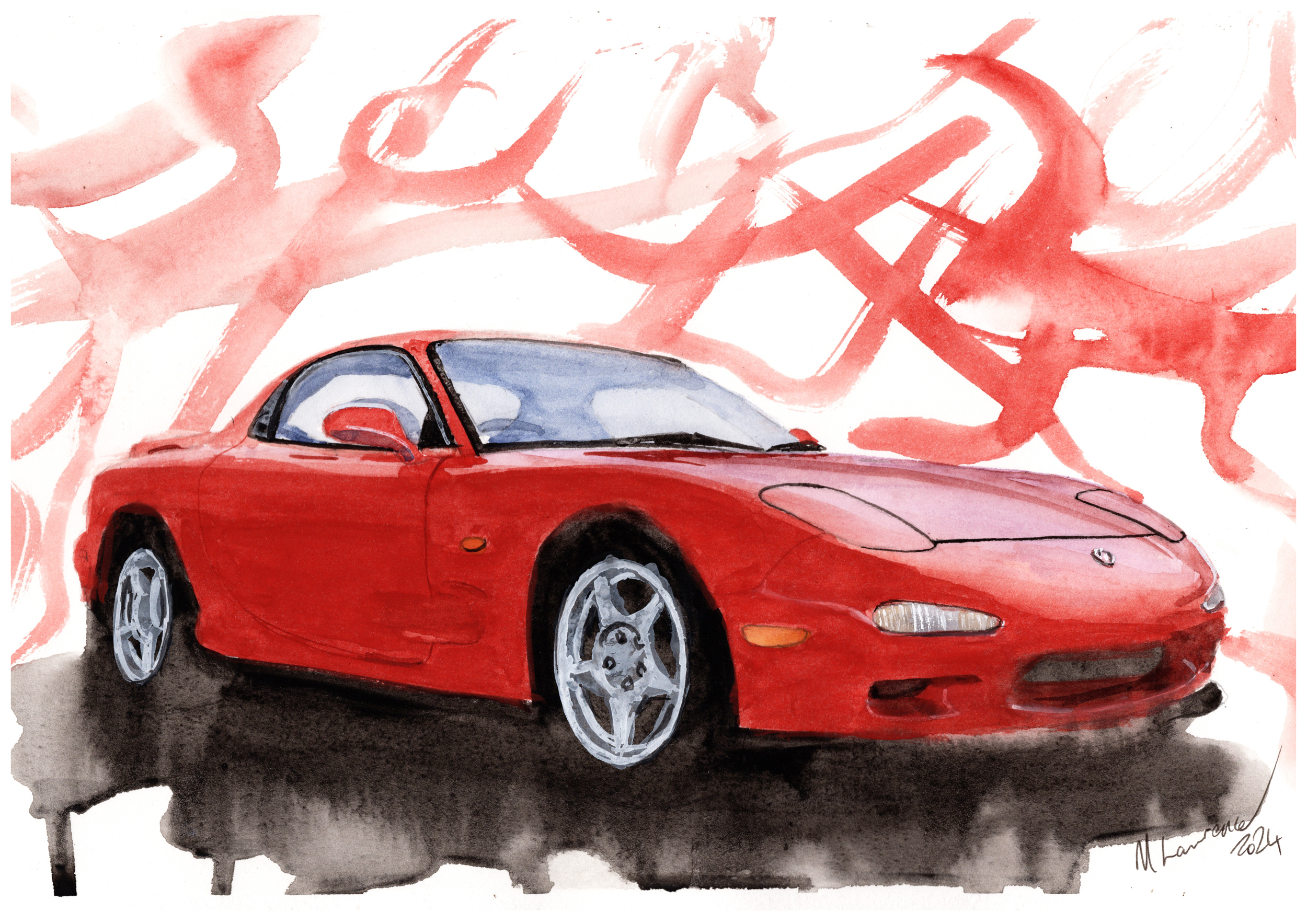 Mazda RX7 Print. Mazda RX7 Poster. Gifts For Him. Hand Painted Art. birthday gift