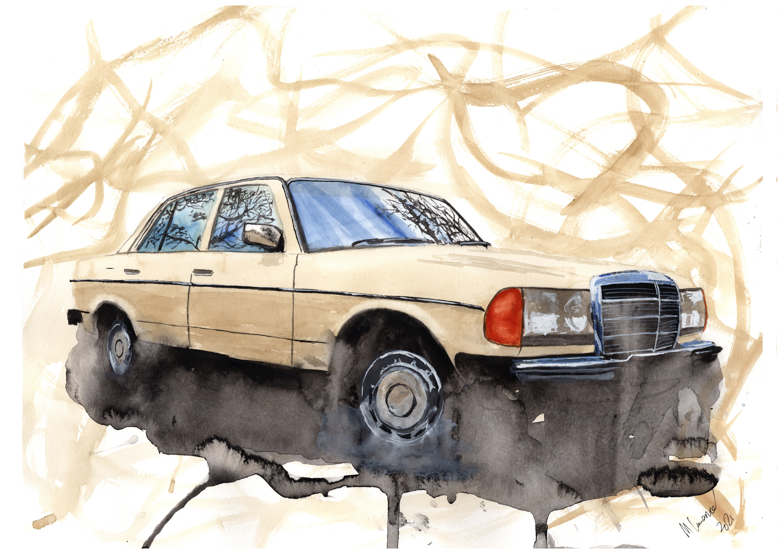 Mercedes W123 Print. Mercedes W123 Poster. Gifts For Him. Hand Painted Art. birthday gift
