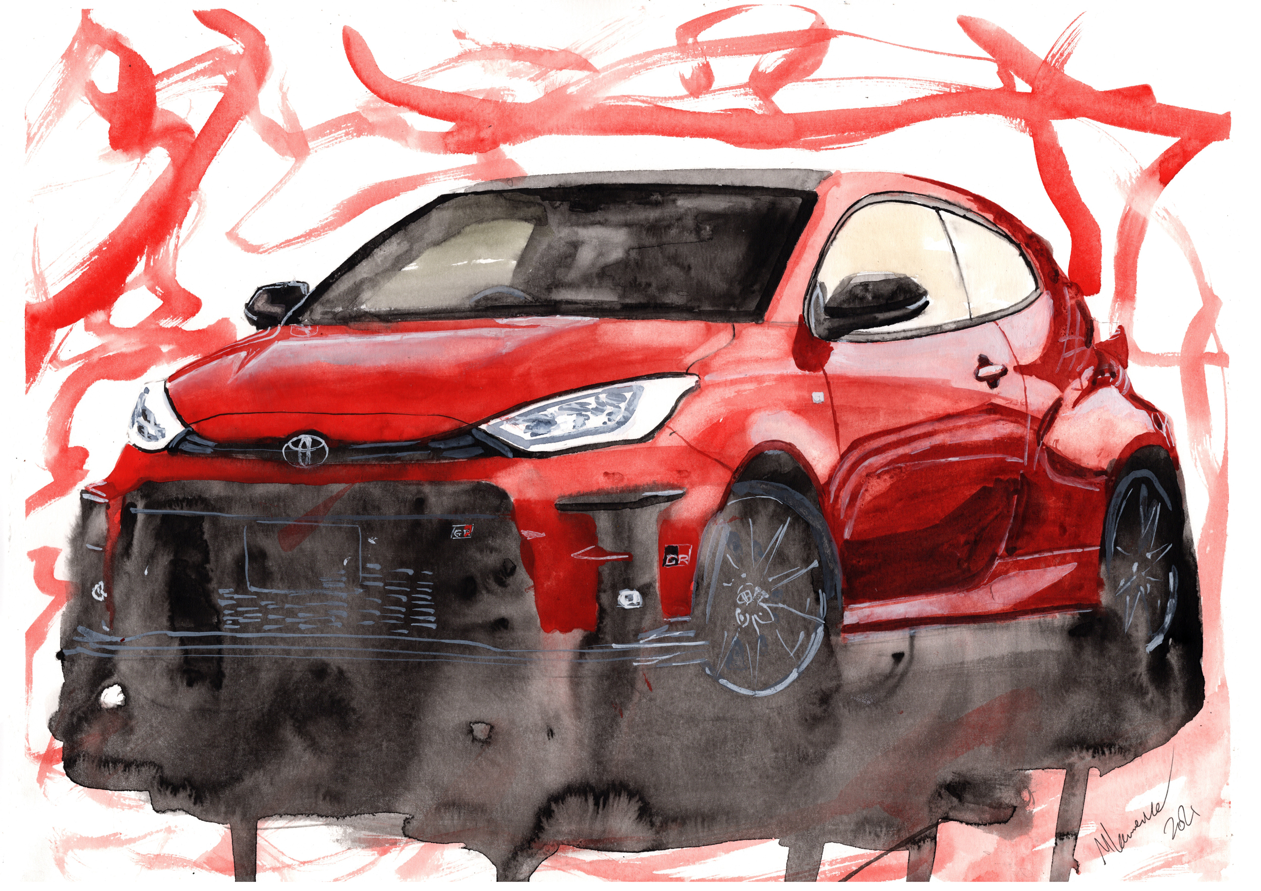 Toyota Yaris Print. Toyota Yaris Poster. Gifts For Him. Hand Painted Art. birthday gift