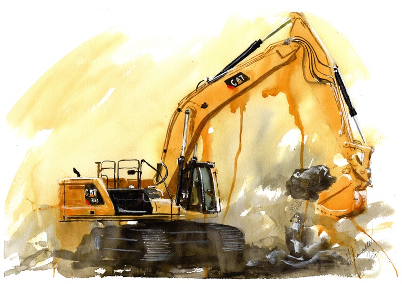 Excavator Print. Cadillac Excavator Poster. Gifts For Him. Hand Painted Art. birthday gift