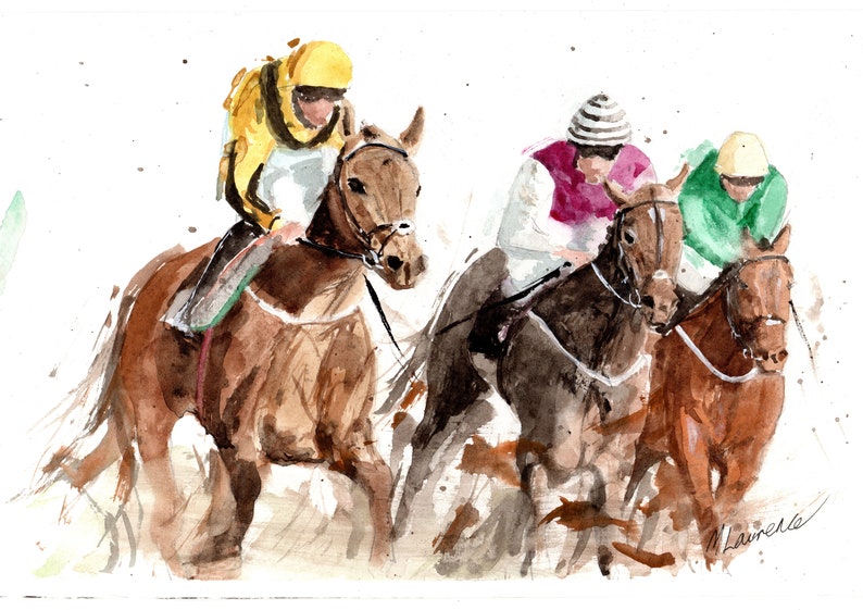 Race to the Finish Racing Print. Jockey Racing Poster. Gifts For Him. Hand Painted Art. birthday gift