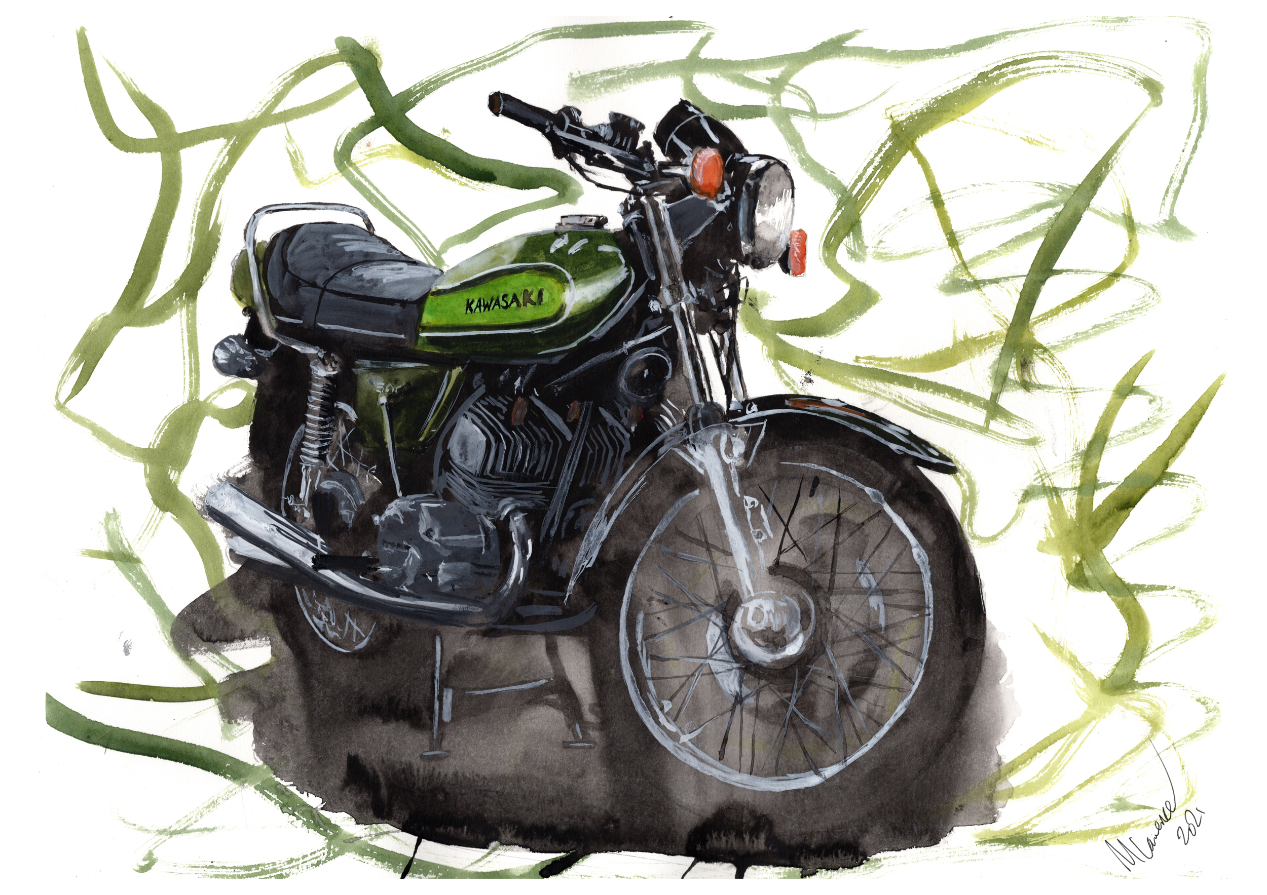 Kawasaki H1 Print. Kawasaki H1 Poster. Gifts For Him. Hand Painted Art. birthday gift