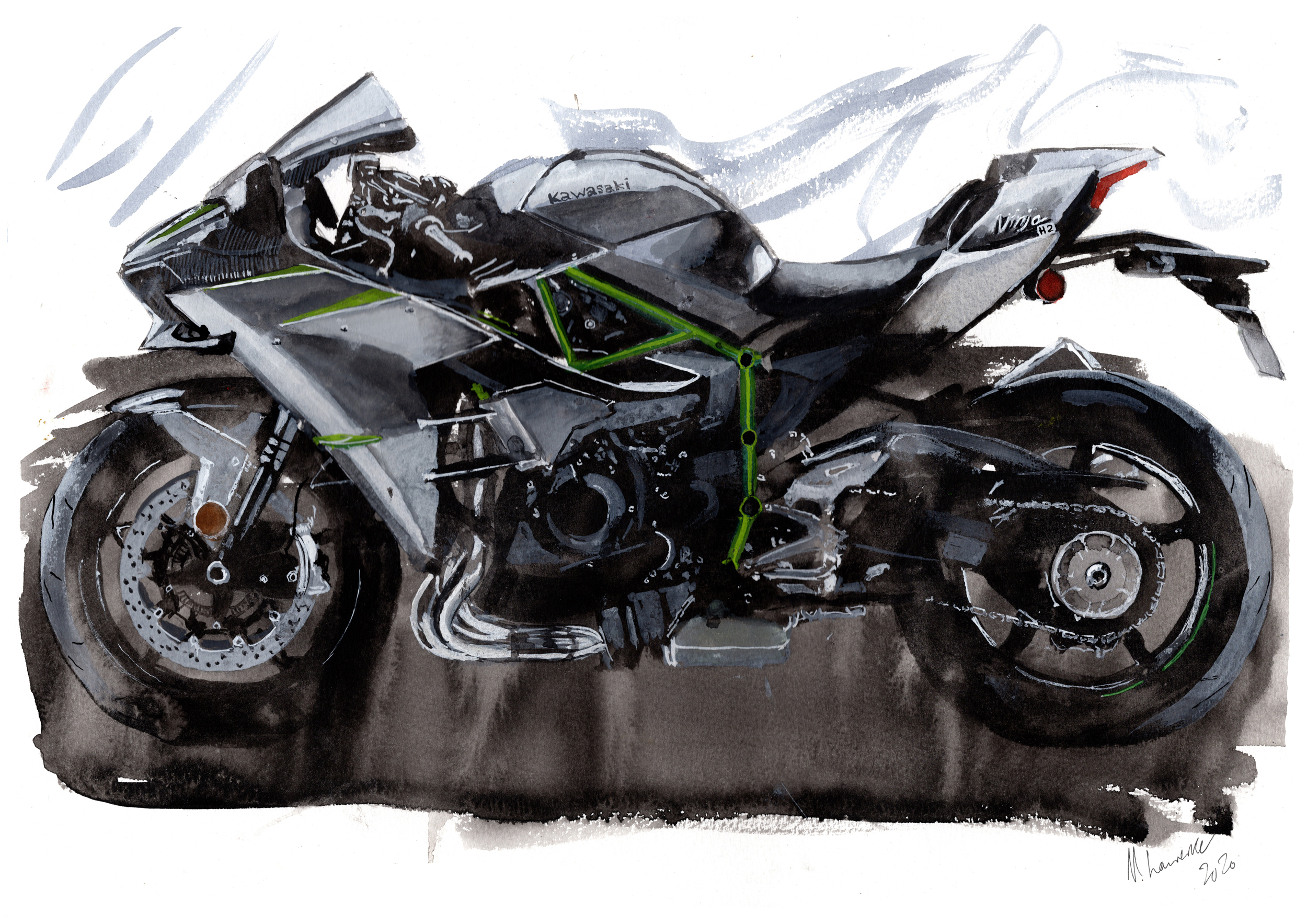 Kawasaki Ninja H2 Print. Kawasaki Ninja H2 Poster. Gifts For Him. Hand Painted Art. birthday gift