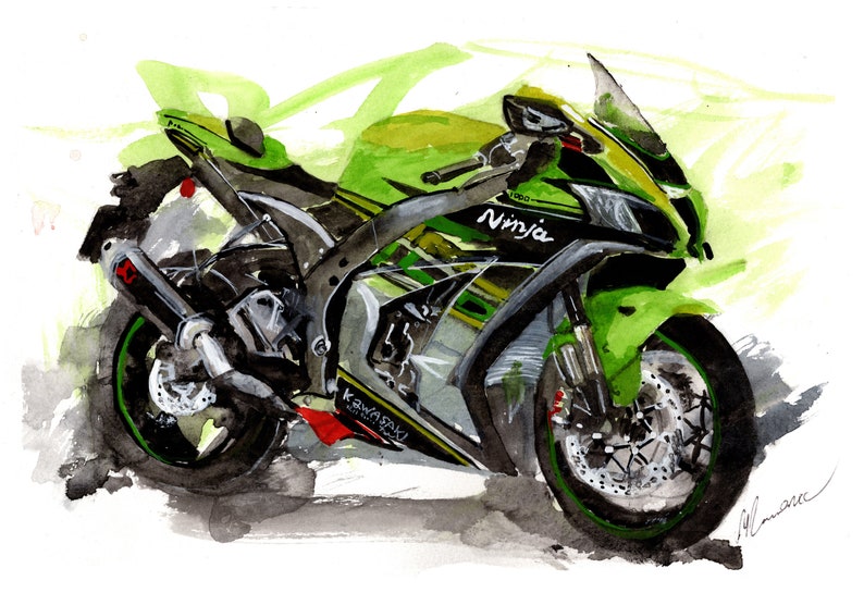 Kawasaki Ninja Print. Kawasaki Ninja Poster. Gifts For Him. Hand Painted Art. birthday gift
