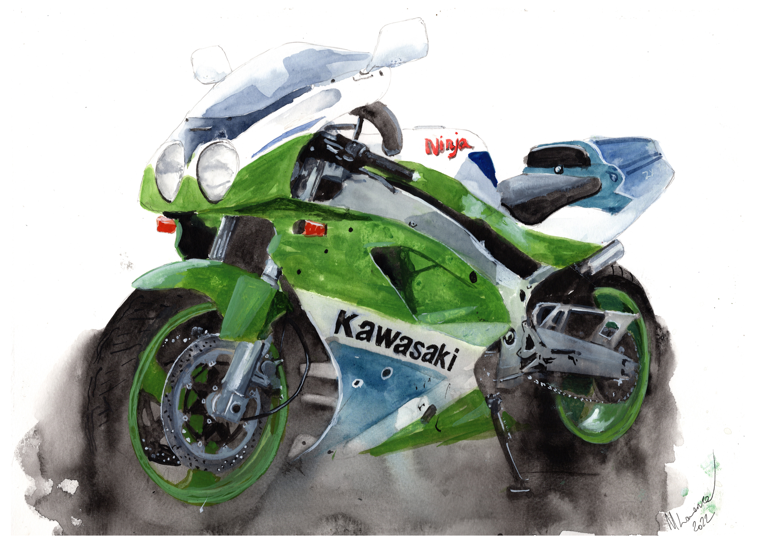 Kawasaki Ninja ZX7R Print. Kawasaki Ninja ZX7R Poster. Gifts For Him. Hand Painted Art. birthday gift