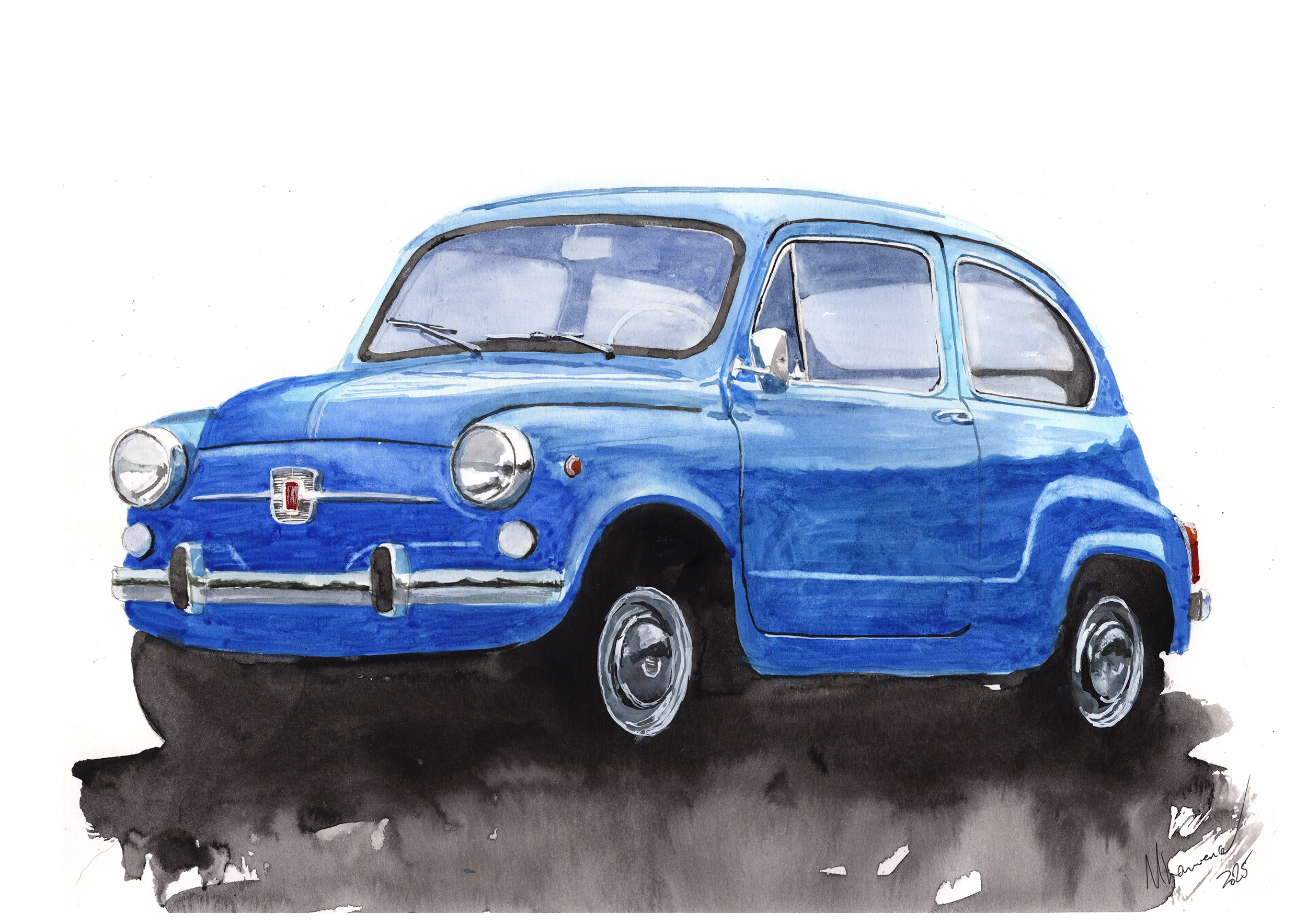 Fiat 600 Print. Fiat 600 Poster. Gifts For Him. Hand Painted Art. birthday gift
