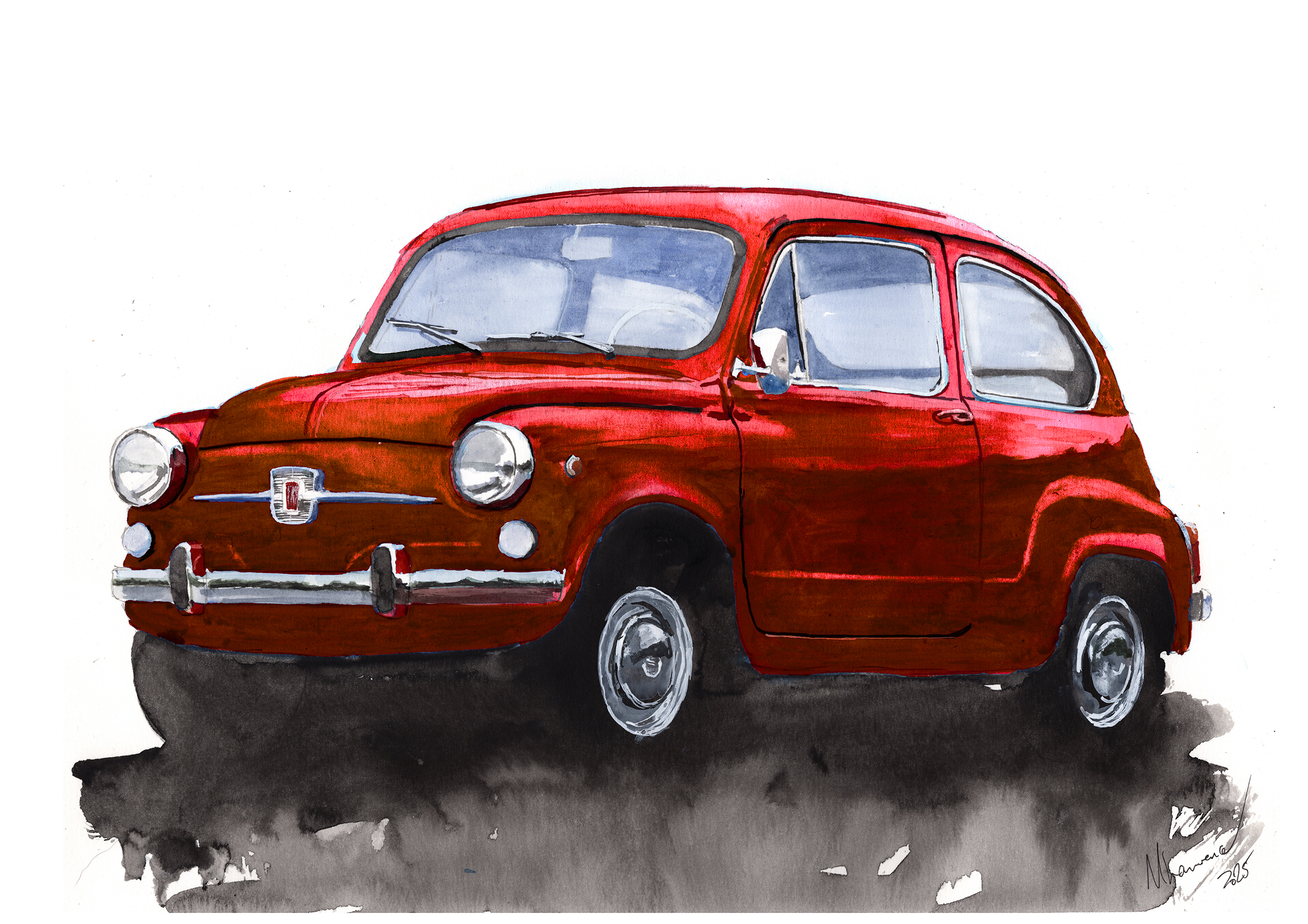 Fiat 600 Print. Fiat 600 Poster. Gifts For Him. Hand Painted Art. birthday gift