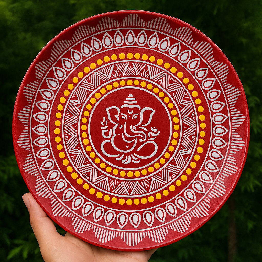 HimPoshak Handcrafted Ganesh Aipan Pooja Thali | Traditional Uttarakhand Festival Plate for Pooja, Home Décor & Gifting