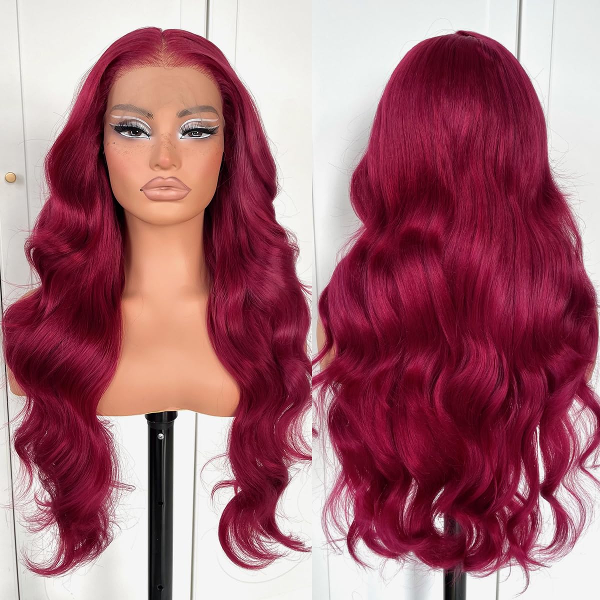 Maroon glueless Lace front Synthetic Long body wave HD lace front wig 26 inch with natural hair line
