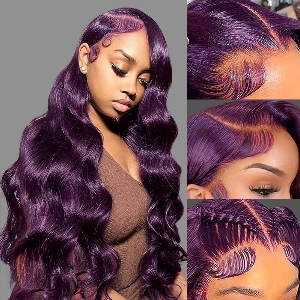 Dark Purple Human Hair Wig Body Wave Deep Burgundy 13x4 Lace Front Wigs Grape Purple Glueless Wigs 180% Density for Women HD Transparent Lace...