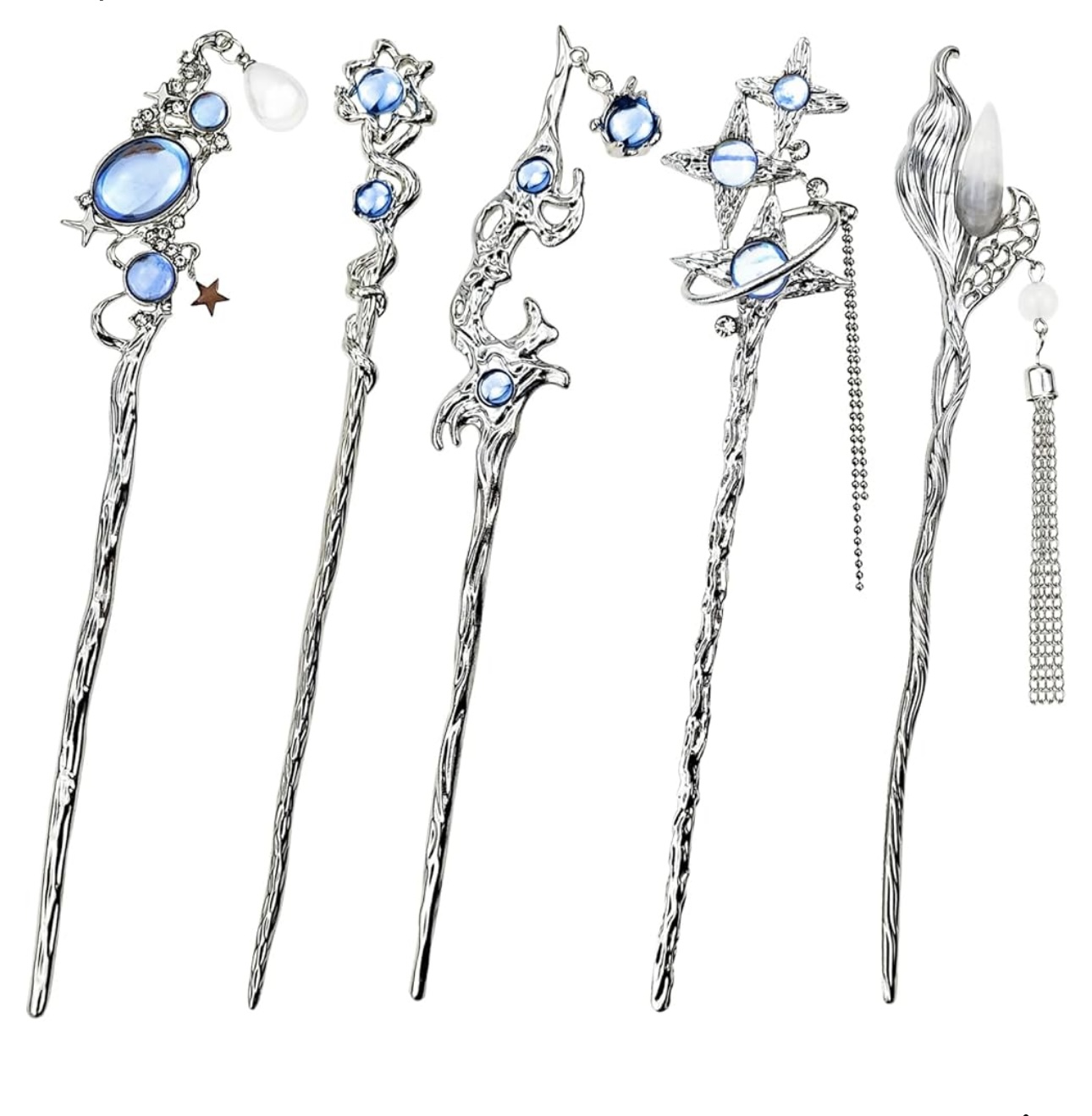 Star Moon Hair Sticks for Buns Long Hair Chinese Hanfu Asian Vintage Hair Chopsticks Metal Silver Hair Bun Updo Holders Long Hairpins