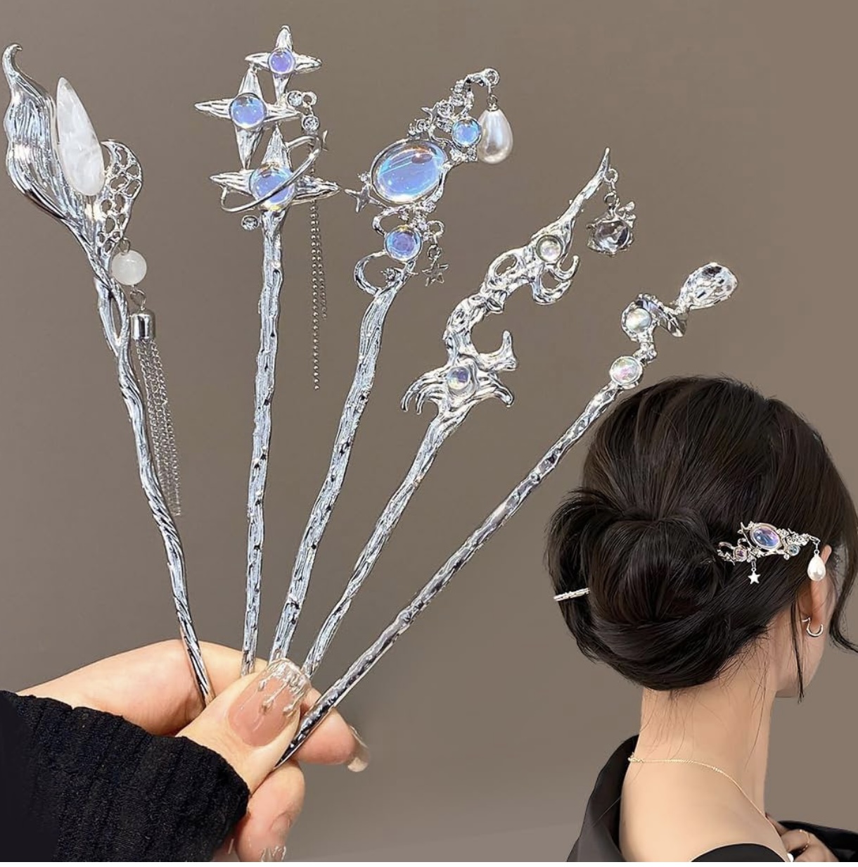 Star Moon Hair Sticks for Buns Long Hair Chinese Hanfu Asian Vintage Hair Chopsticks Metal Silver Hair Bun Updo Holders Long Hairpins
