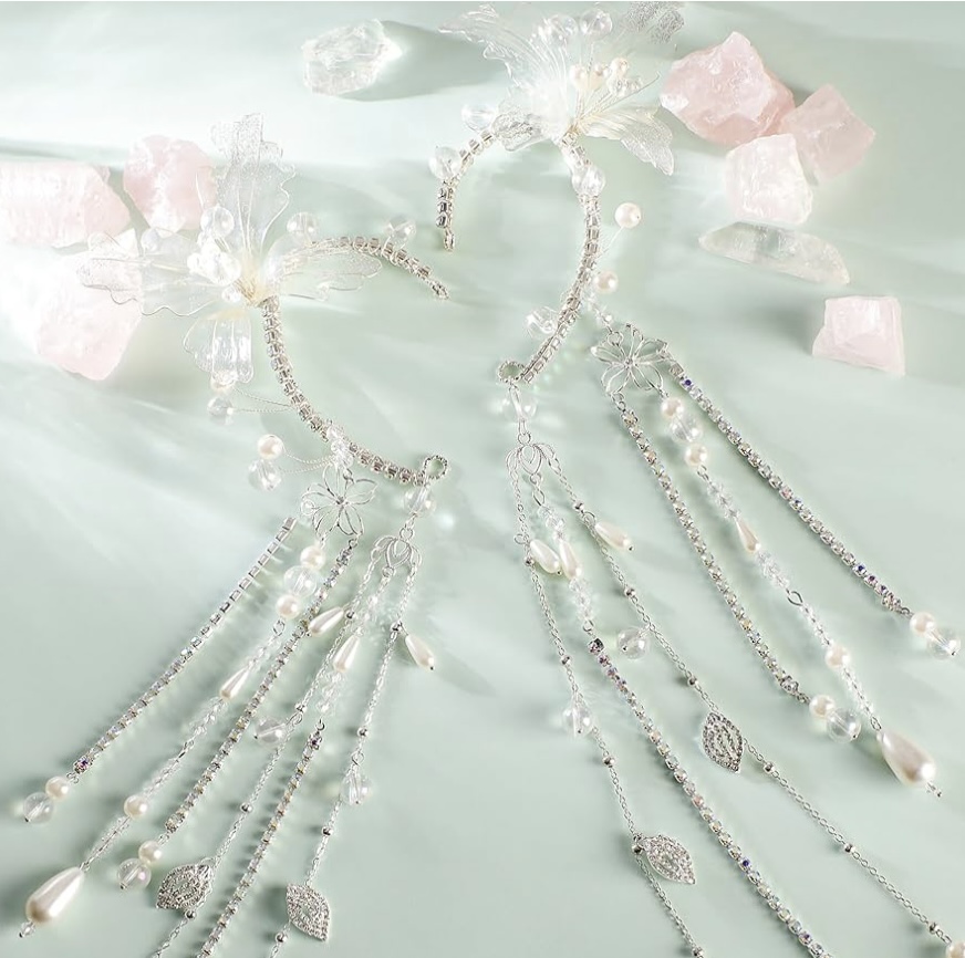 White Flower Elf Ear Cuffs with Tassel Elven Earrings Non Piercing
