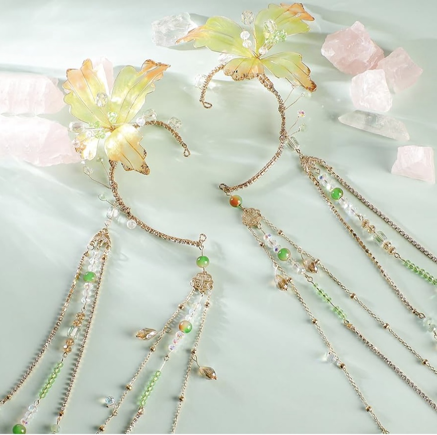 White Flower Elf Ear Cuffs with Tassel Elven Earrings Non Piercing