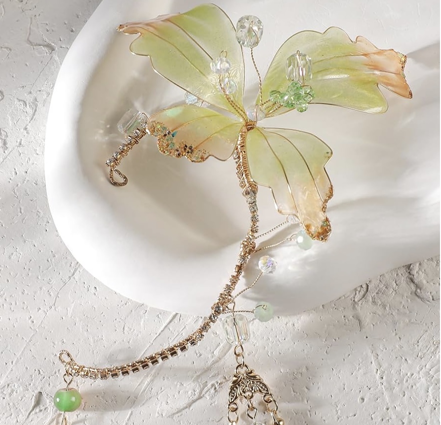 White Flower Elf Ear Cuffs with Tassel Elven Earrings Non Piercing
