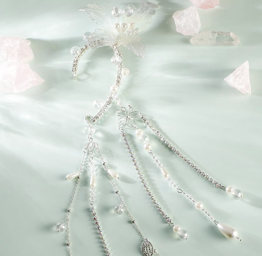 White Flower Elf Ear Cuffs with Tassel Elven Earrings Non Piercing