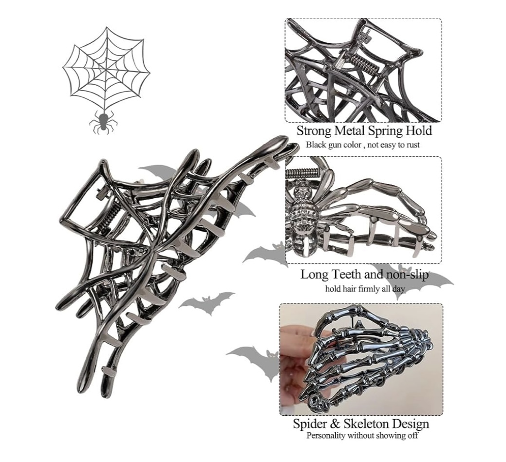 Skeleton Hand Spider Web and Large Spider Metal Hair Accessories