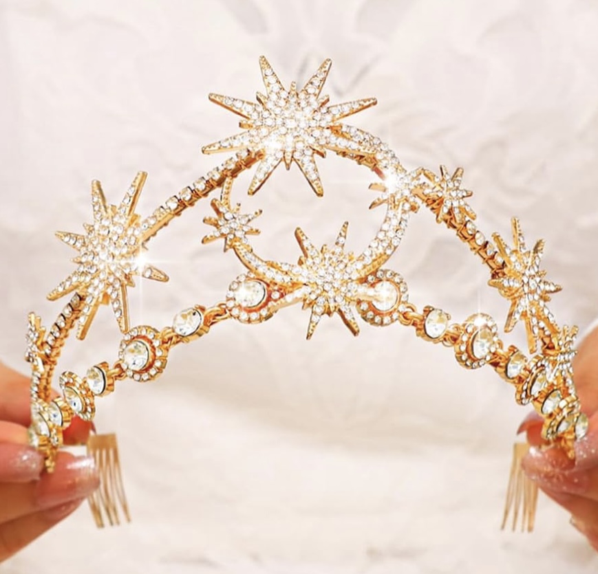 Star Moon Crown Headband Rhinestone Tiara Goddess Headpiece