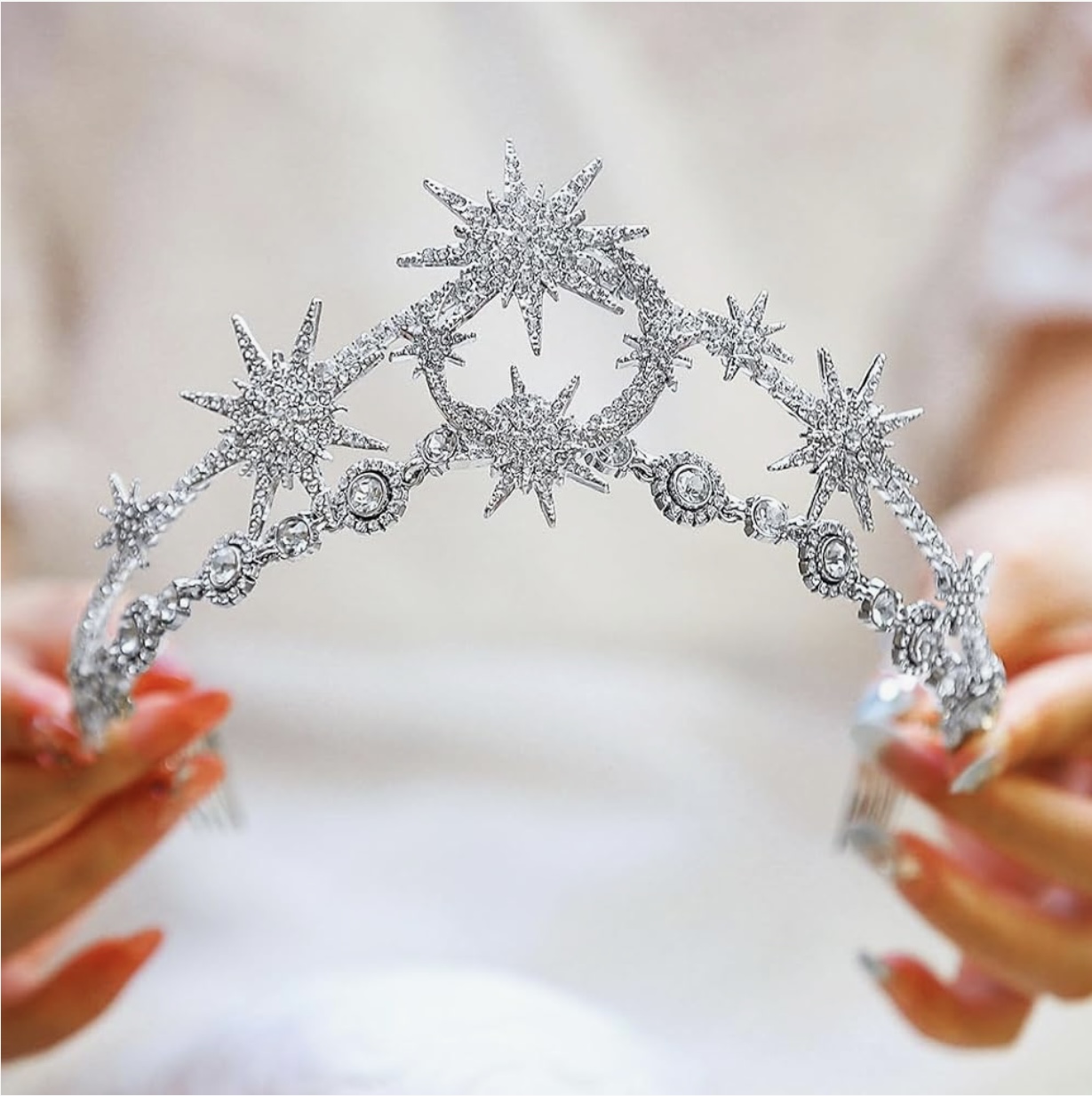 Star Moon Crown Headband Rhinestone Tiara Goddess Headpiece
