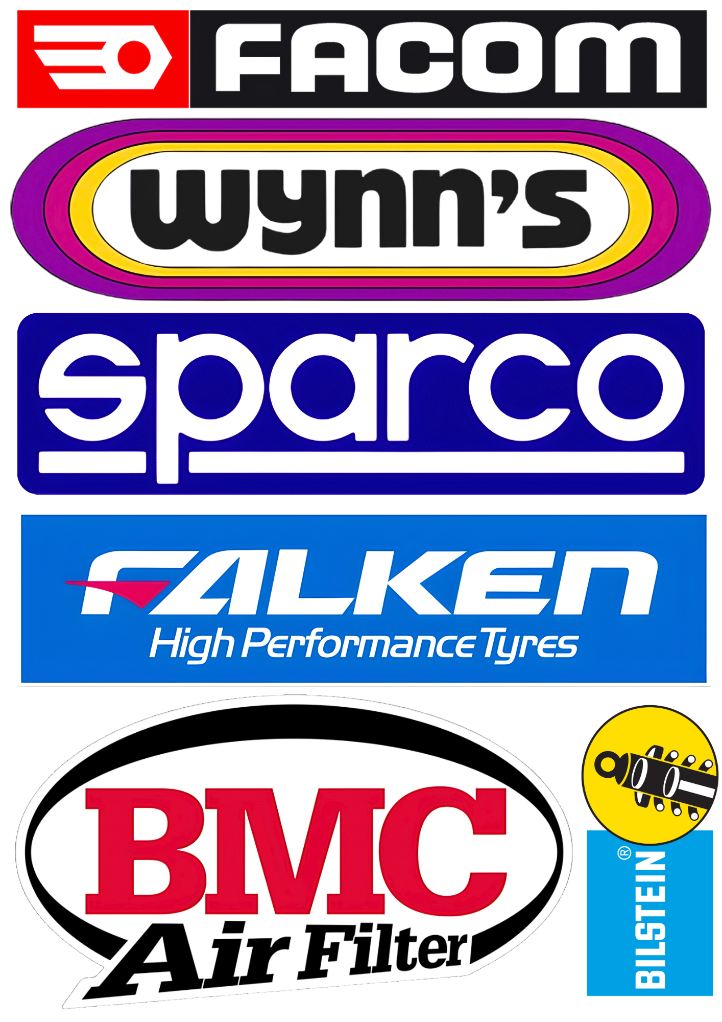 6 Stickers XXL "FACOM - SPARCO - BMC - FALKEN" vinyle waterproof