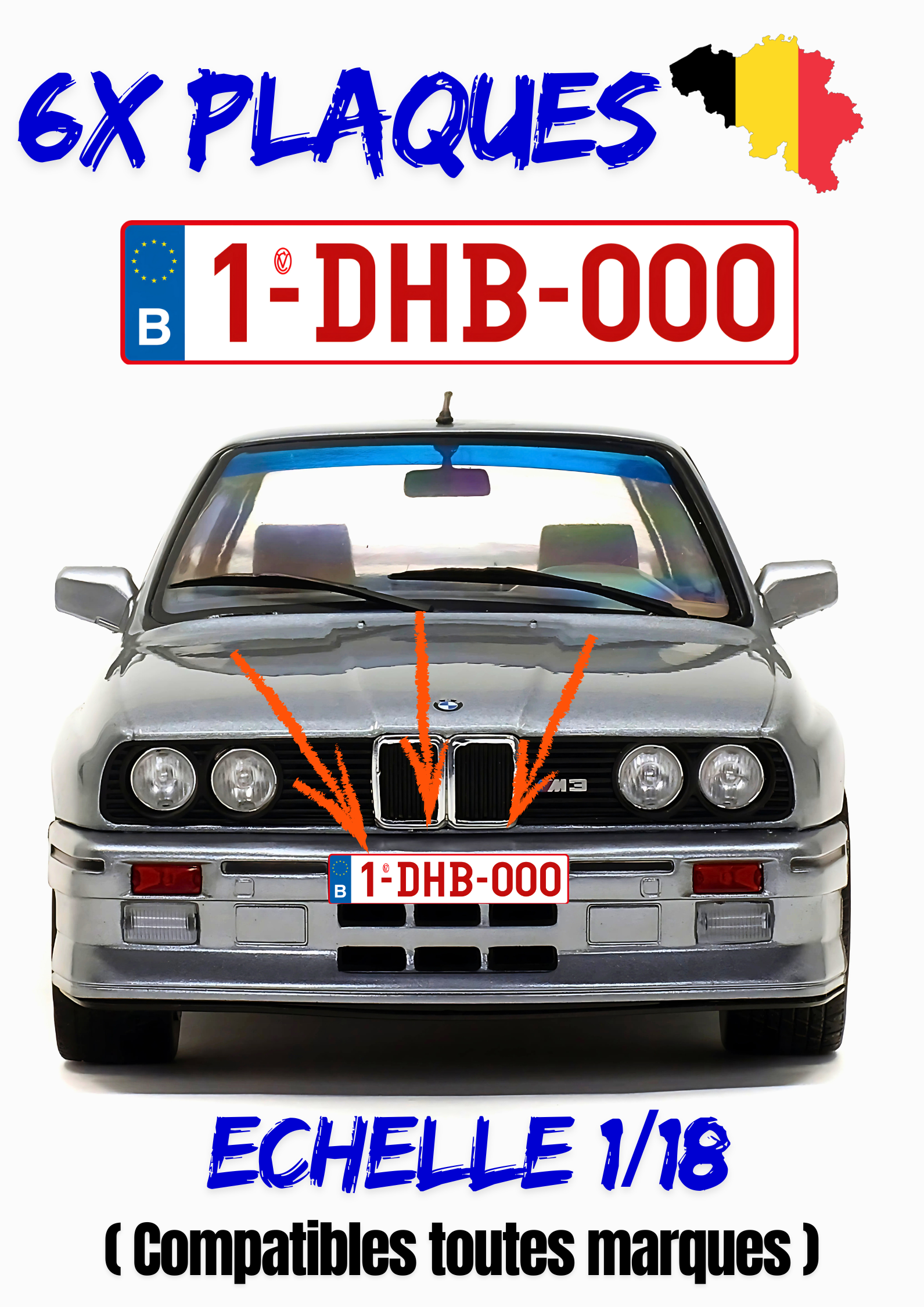 6X Plaques immatriculation Déco Miniatures " BELGIQUE"