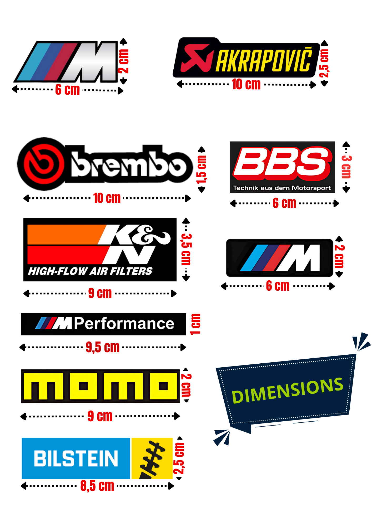 21 Stickers Vinyle Waterproof "BREMBO-BILSTEIN-BMW M-MOMO"