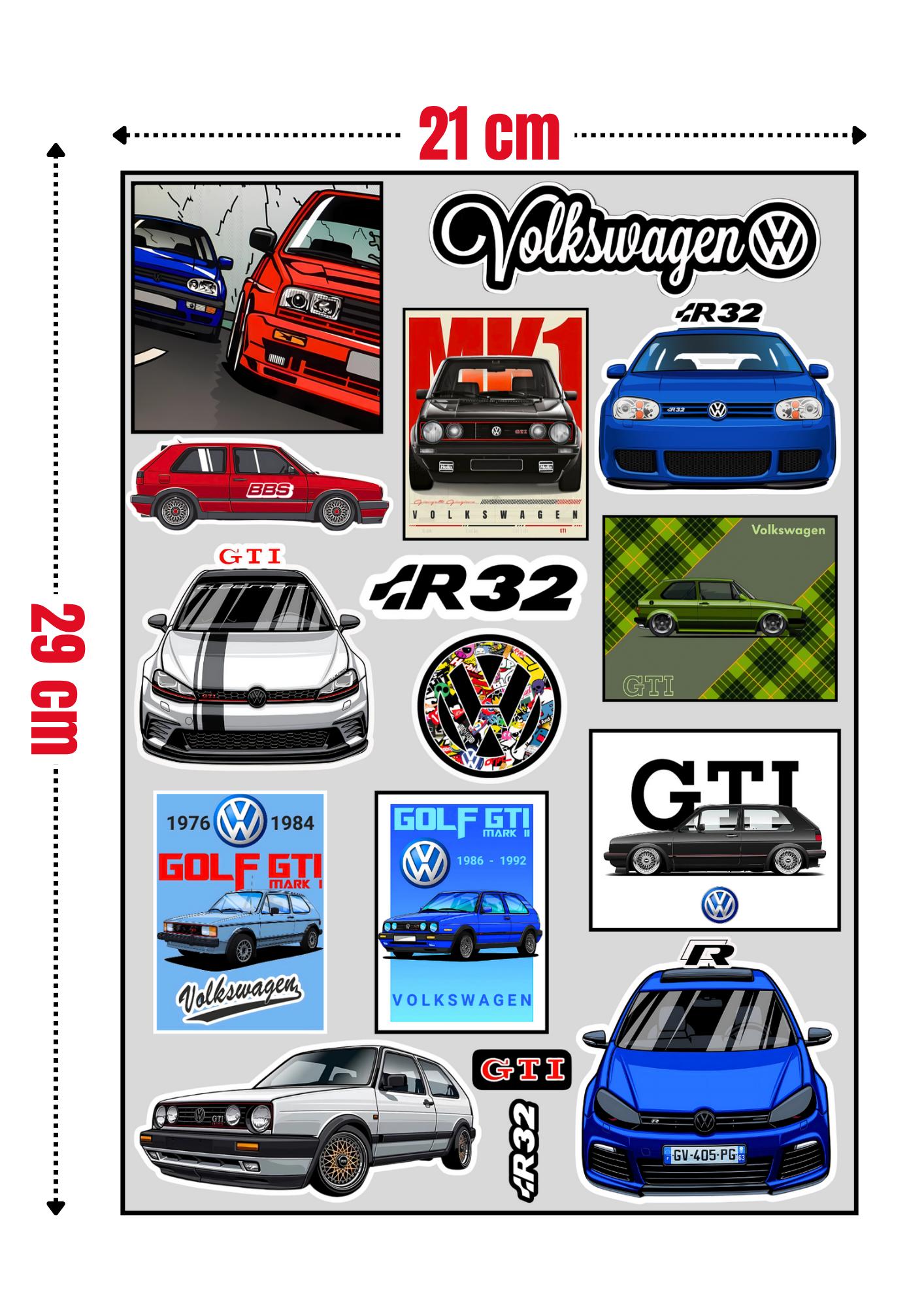 16 Stickers "VOLKSWAGEN GOLF GTI- R32- R" vinyle waterproof