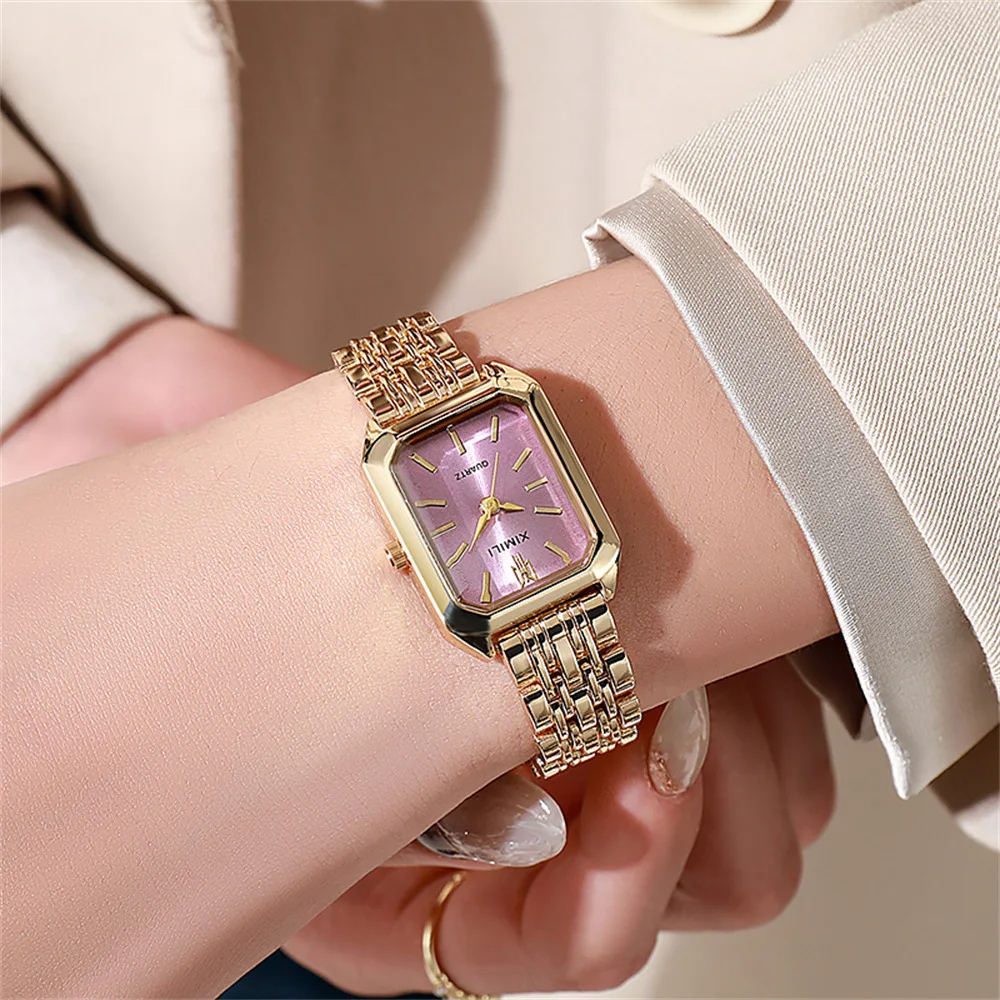 Relojes cuadrados a la moda para mujer, correa de aleación de oro 2025, relojes de pulsera de cuarzo de lujo para mujer, reloj de escala romana de calidad para mujer