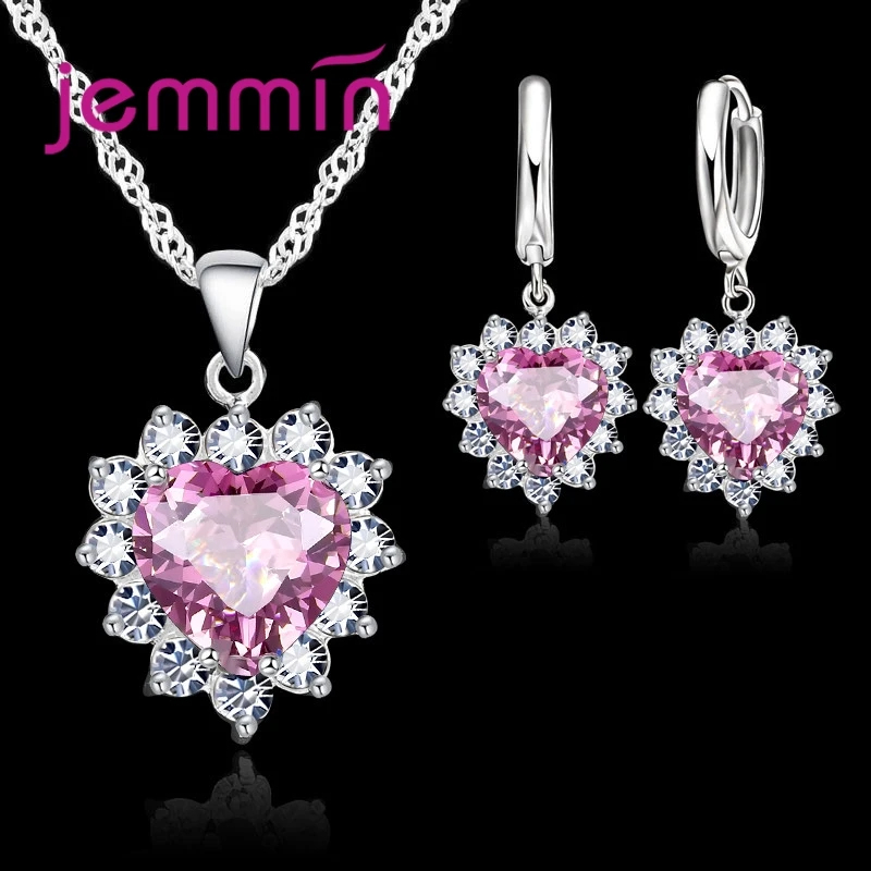 ¡Gran venta! Conjuntos de joyería de regalo de aniversario de compromiso de boda, pendientes de aro con colgante de corazón de plata esterlina 925 sólida para mujeres y niñas