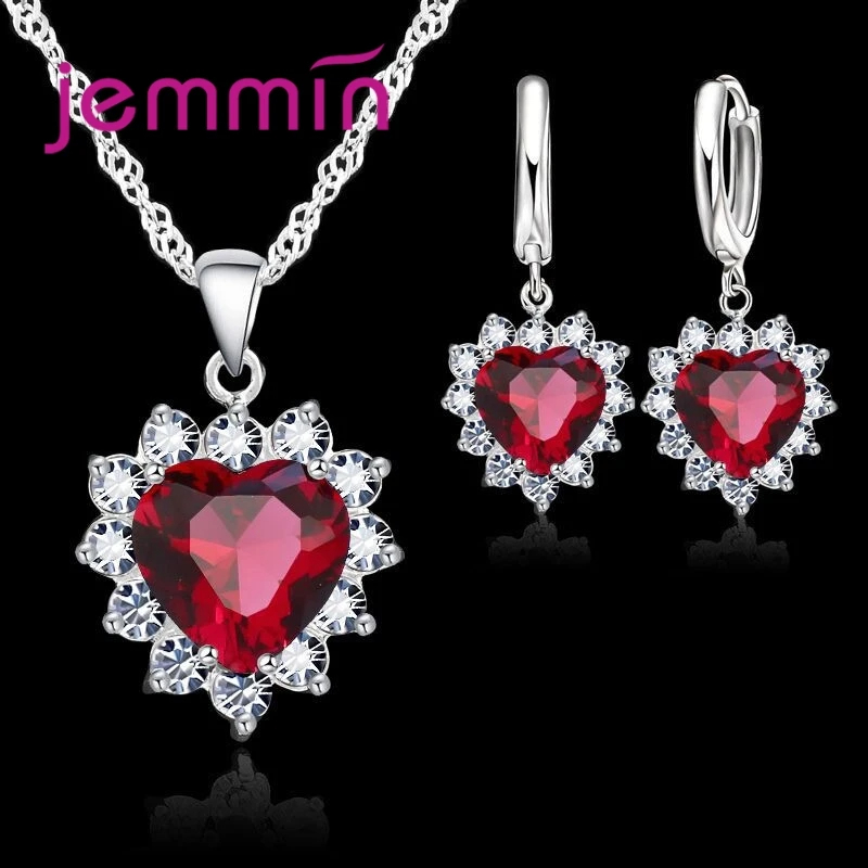 ¡Gran venta! Conjuntos de joyería de regalo de aniversario de compromiso de boda, pendientes de aro con colgante de corazón de plata esterlina 925 sólida para mujeres y niñas