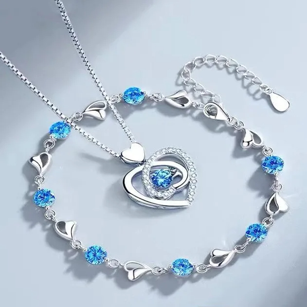 Conjunto de pulsera y collar con forma de corazón de Plata de Ley 925 para mujer, pulseras de cristal azul coreano Vintage, conjunto de joyería para fiesta