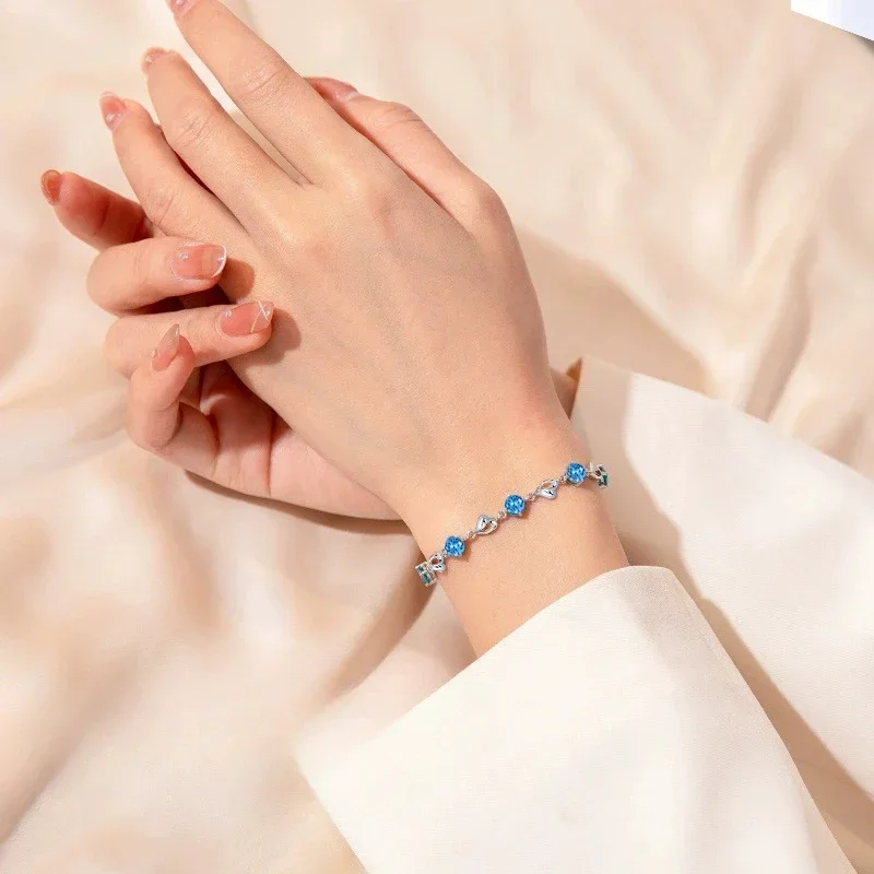Conjunto de pulsera y collar con forma de corazón de Plata de Ley 925 para mujer, pulseras de cristal azul coreano Vintage, conjunto de joyería para fiesta