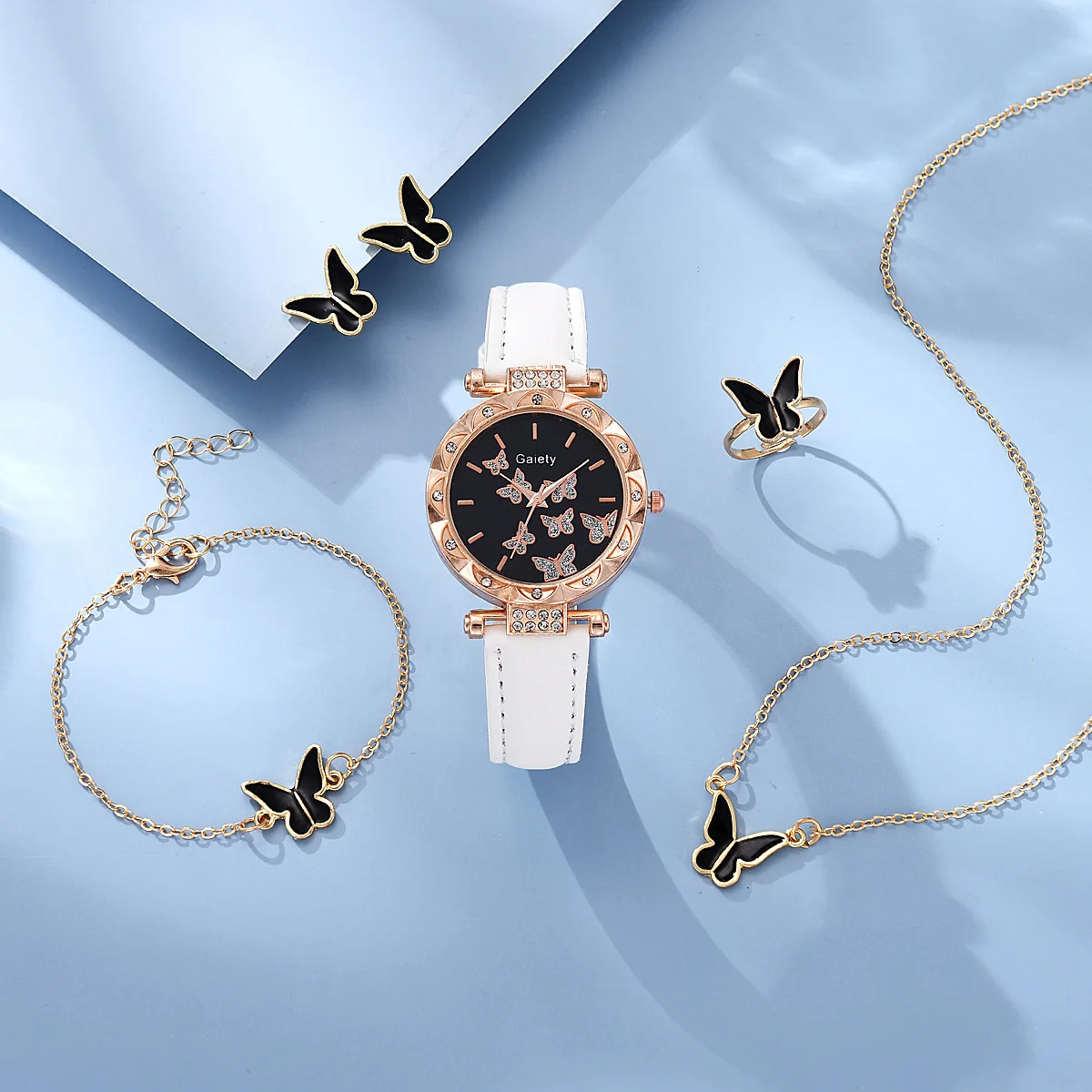 Reloj para mujer, anillo, collar, pendientes, pulsera, conjunto de relojes, correa de cuero de mariposa, reloj de pulsera de cuarzo para mujer (sin caja)