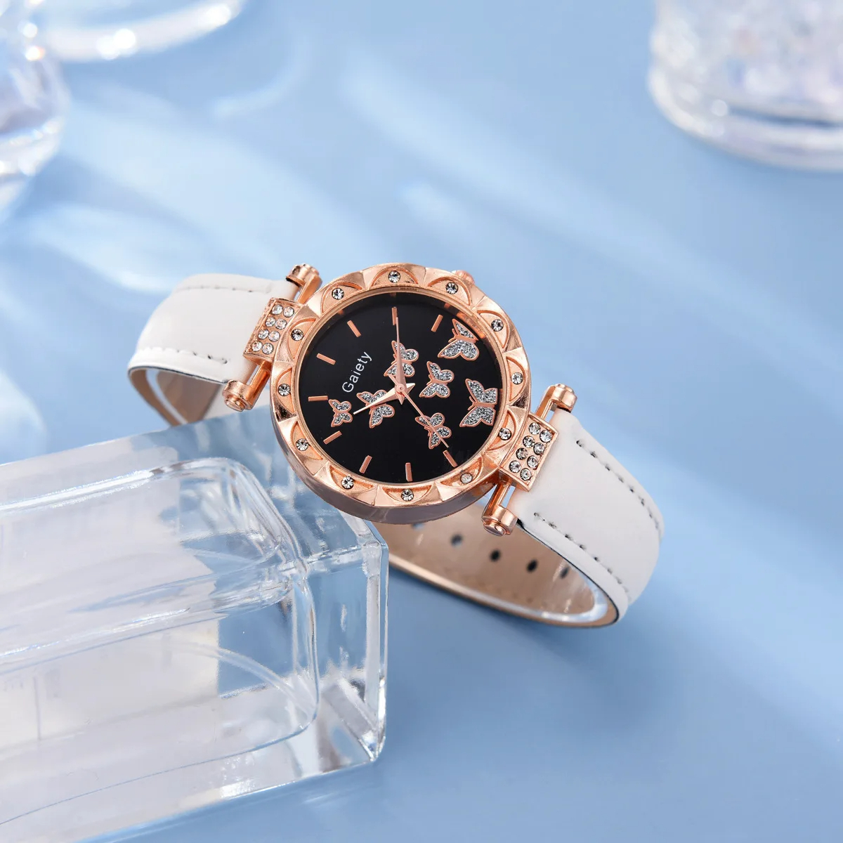 Reloj para mujer, anillo, collar, pendientes, pulsera, conjunto de relojes, correa de cuero de mariposa, reloj de pulsera de cuarzo para mujer (sin caja)