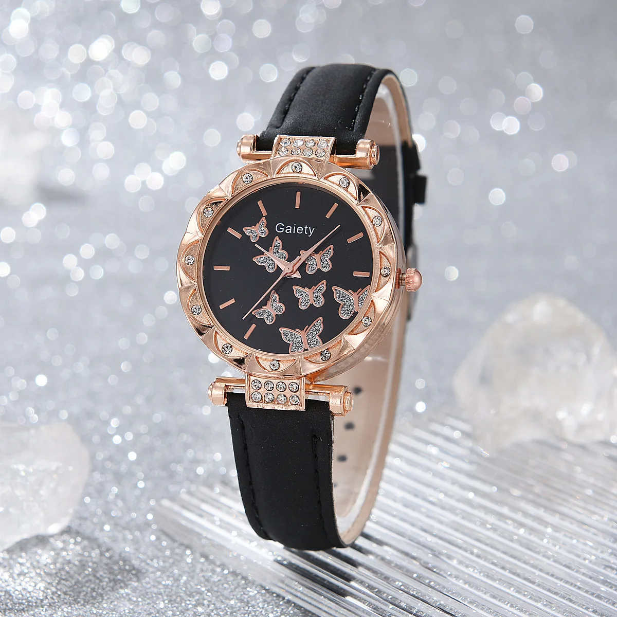 Reloj para mujer, anillo, collar, pendientes, pulsera, conjunto de relojes, correa de cuero de mariposa, reloj de pulsera de cuarzo para mujer (sin caja)