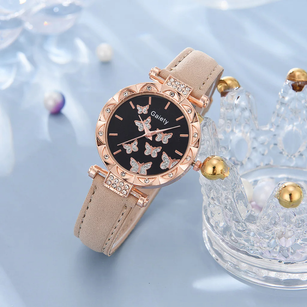 Reloj para mujer, anillo, collar, pendientes, pulsera, conjunto de relojes, correa de cuero de mariposa, reloj de pulsera de cuarzo para mujer (sin caja)
